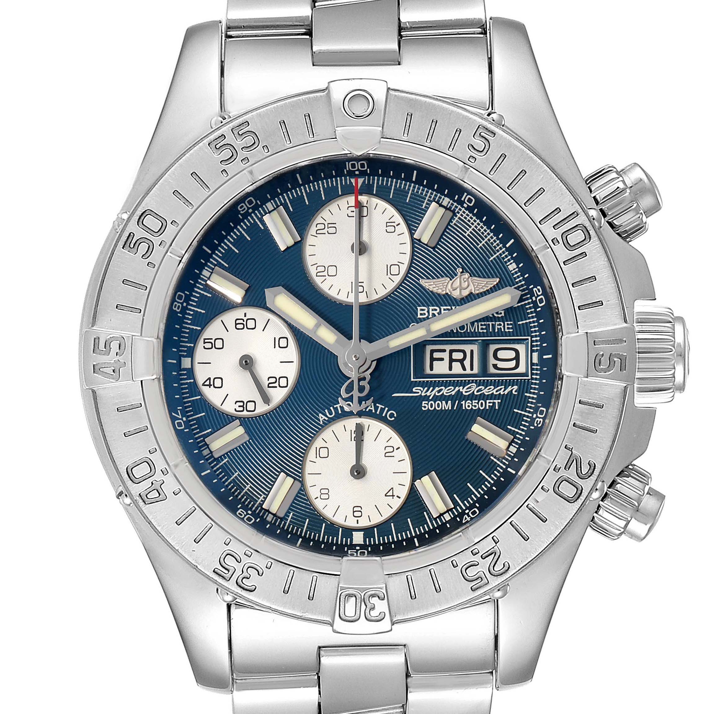 The Breitling Superocean A13340 Men's Stainless Steel Blue Dial A13340 Men's Stainless Steel Blue Dial watch is shown from the front, displaying the watch face, bezel, and bracelet.