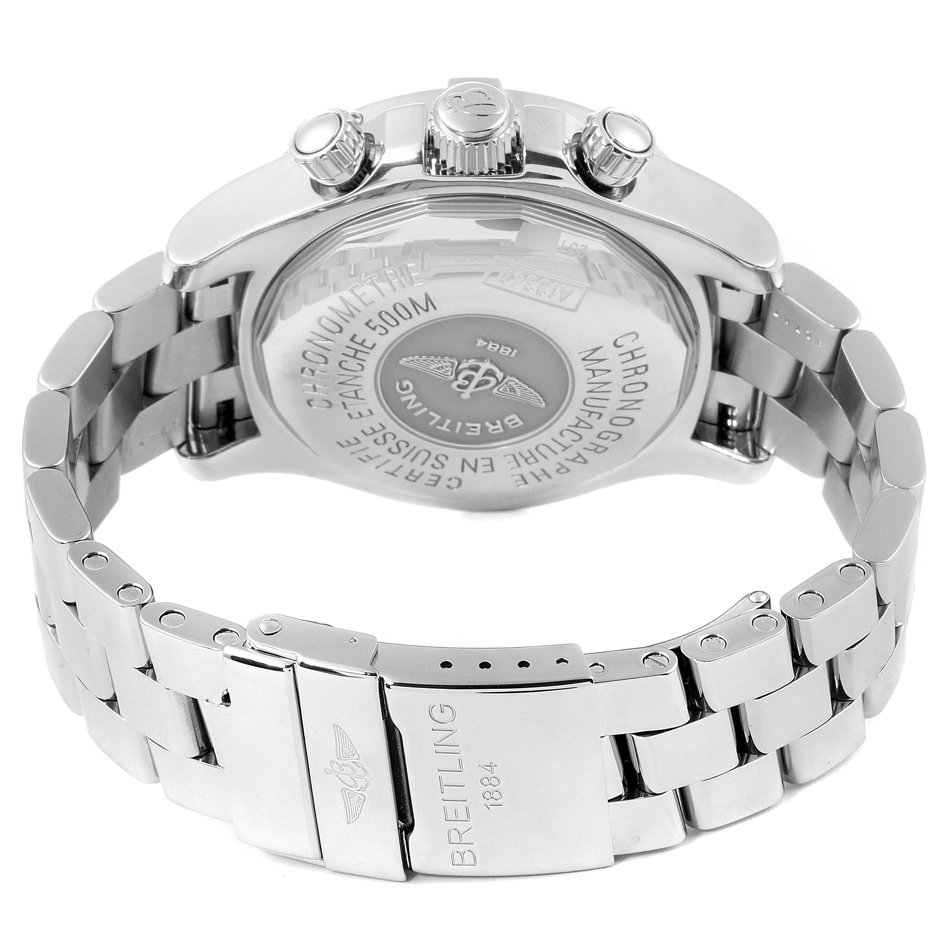 The image shows the back view of a Breitling Superocean A13340 Men's Stainless Steel Blue Dial A13340 Men's Stainless Steel Blue Dial watch, highlighting the case back, crown, pushers, and metal bracelet.