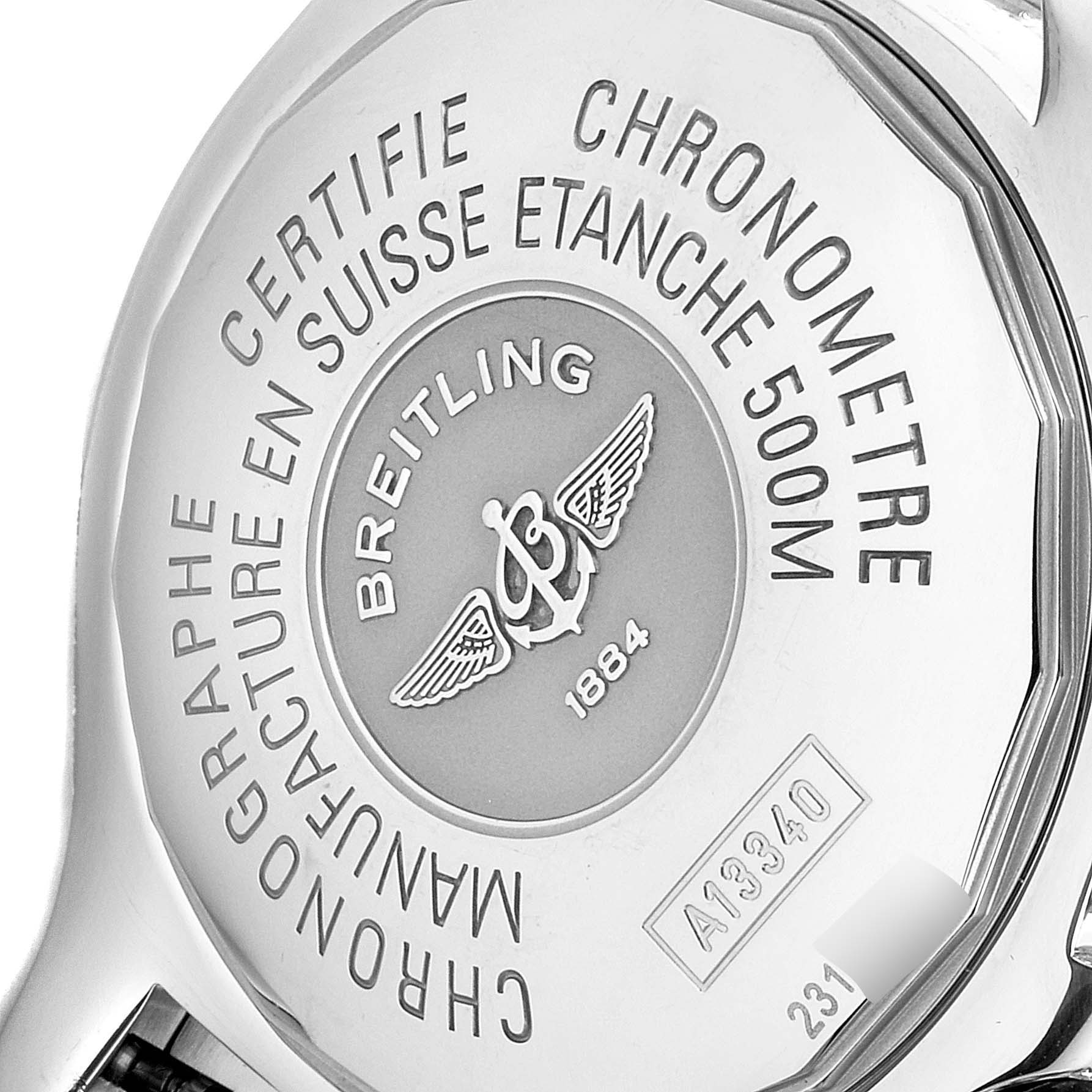 The image shows the case back of a Breitling Superocean A13340 Men's Stainless Steel Blue Dial A13340 Men's Stainless Steel Blue Dial watch, highlighting the brand's engraving and model details.