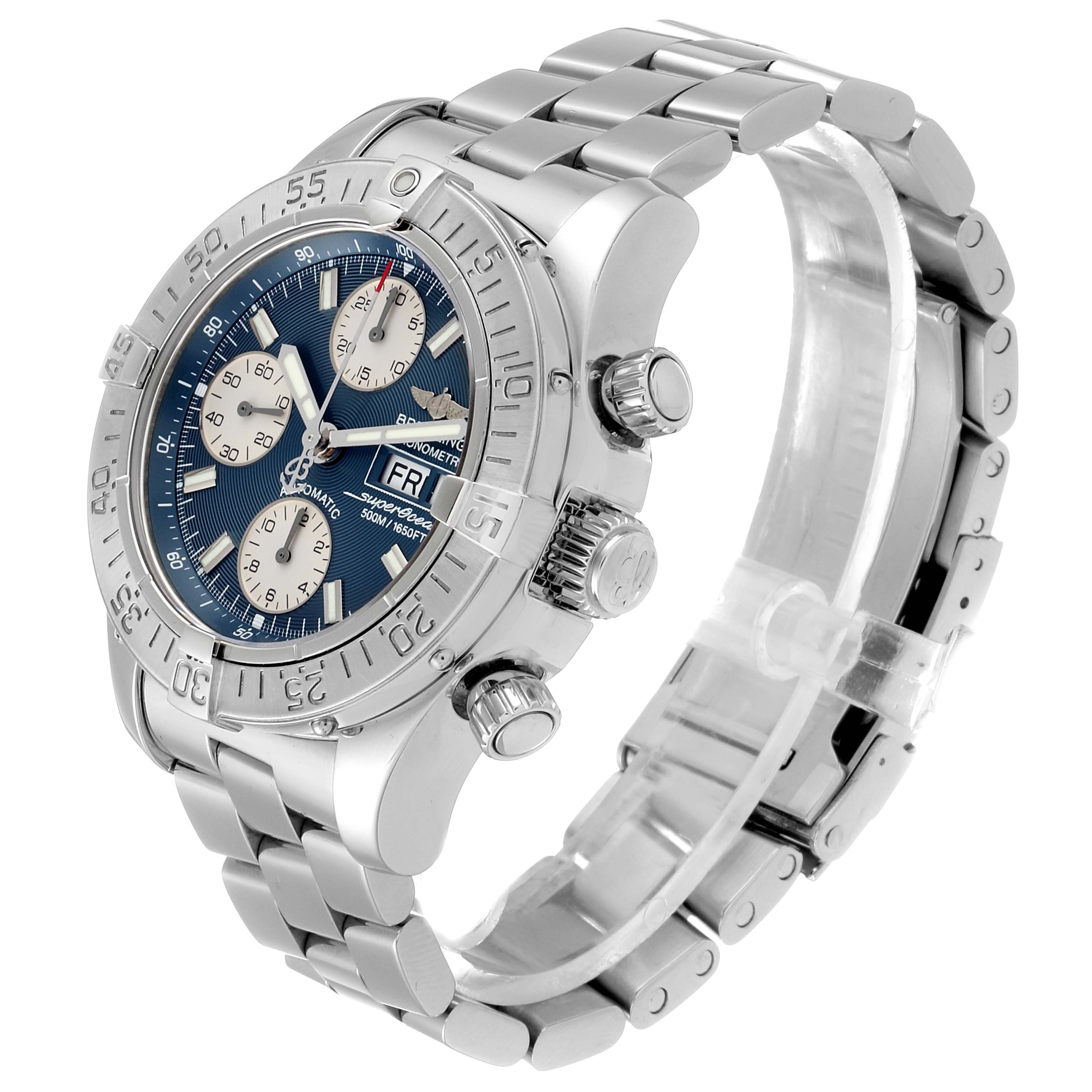 The Breitling Superocean A13340 Men's Stainless Steel Blue Dial A13340 Men's Stainless Steel Blue Dial watch is shown at a slight angle, displaying its face, bezel, chronograph buttons, and stainless steel bracelet.