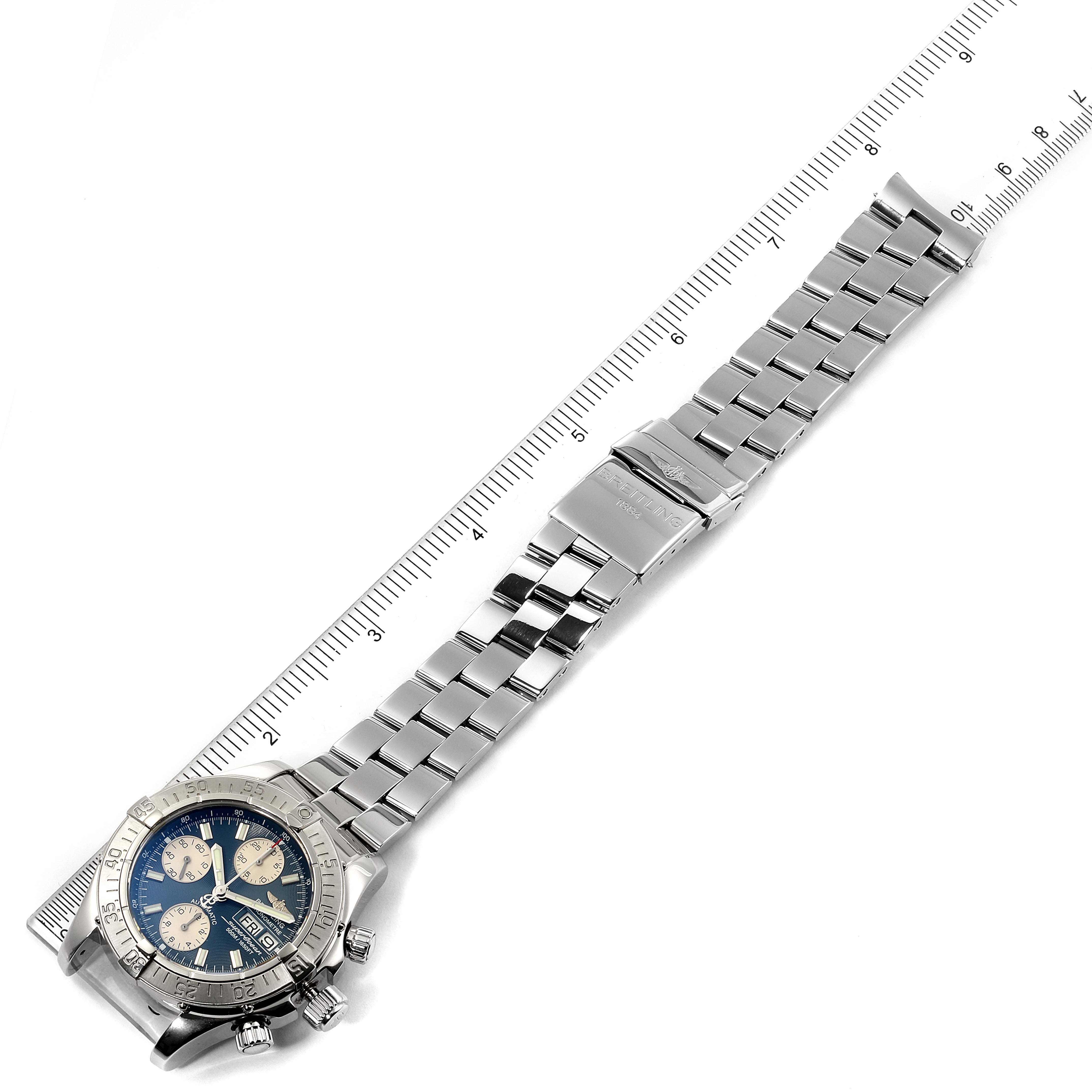 This image shows the Breitling Superocean A13340 Men's Stainless Steel Blue Dial A13340 Men's Stainless Steel Blue Dial watch from a top-down angle, highlighting the watch face and its metal bracelet.