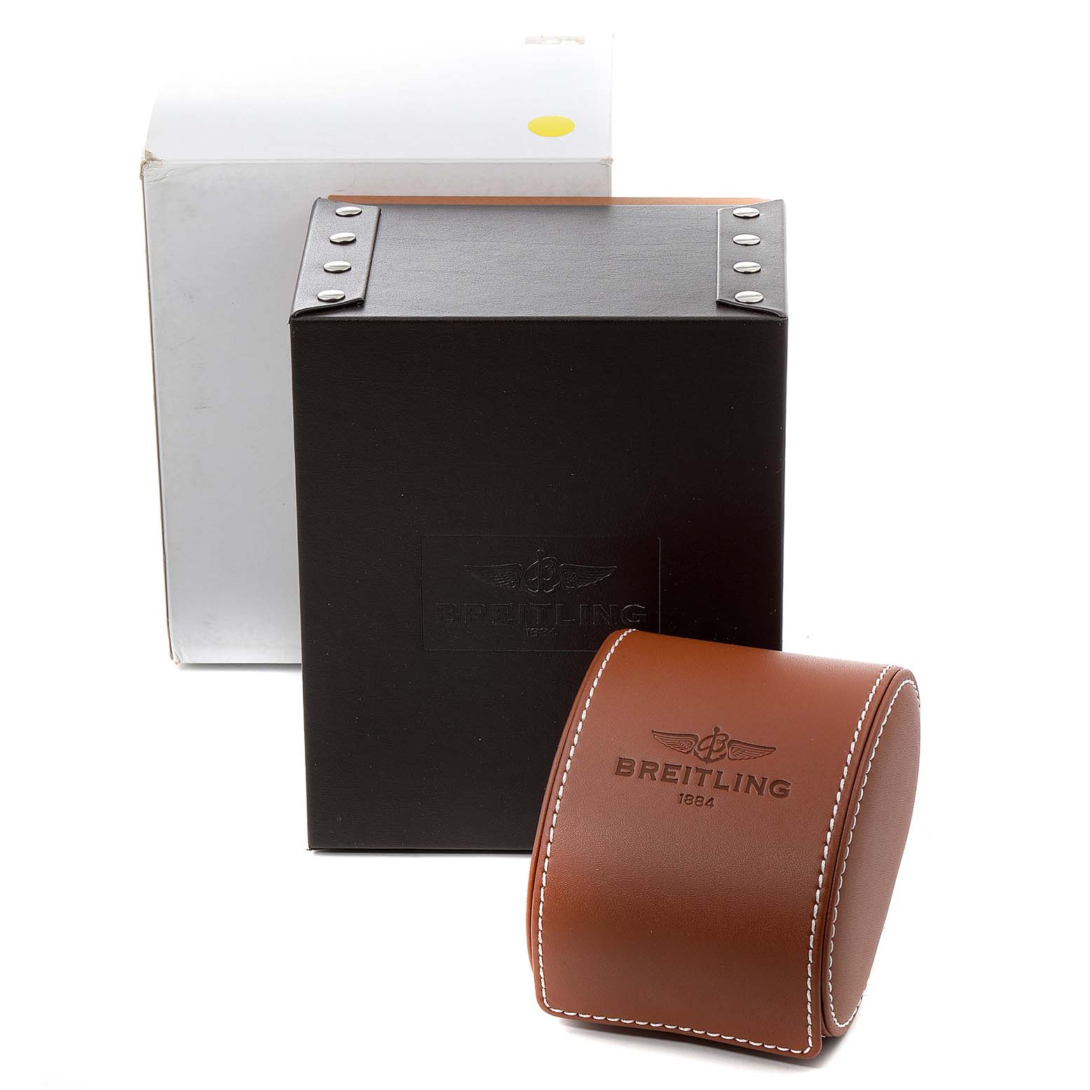 The image shows packaging for a Breitling Superocean A13340 Men's Stainless Steel Blue Dial A13340 Men's Stainless Steel Blue Dial watch, including a white outer box, a black middle box, and a brown leather watch case.