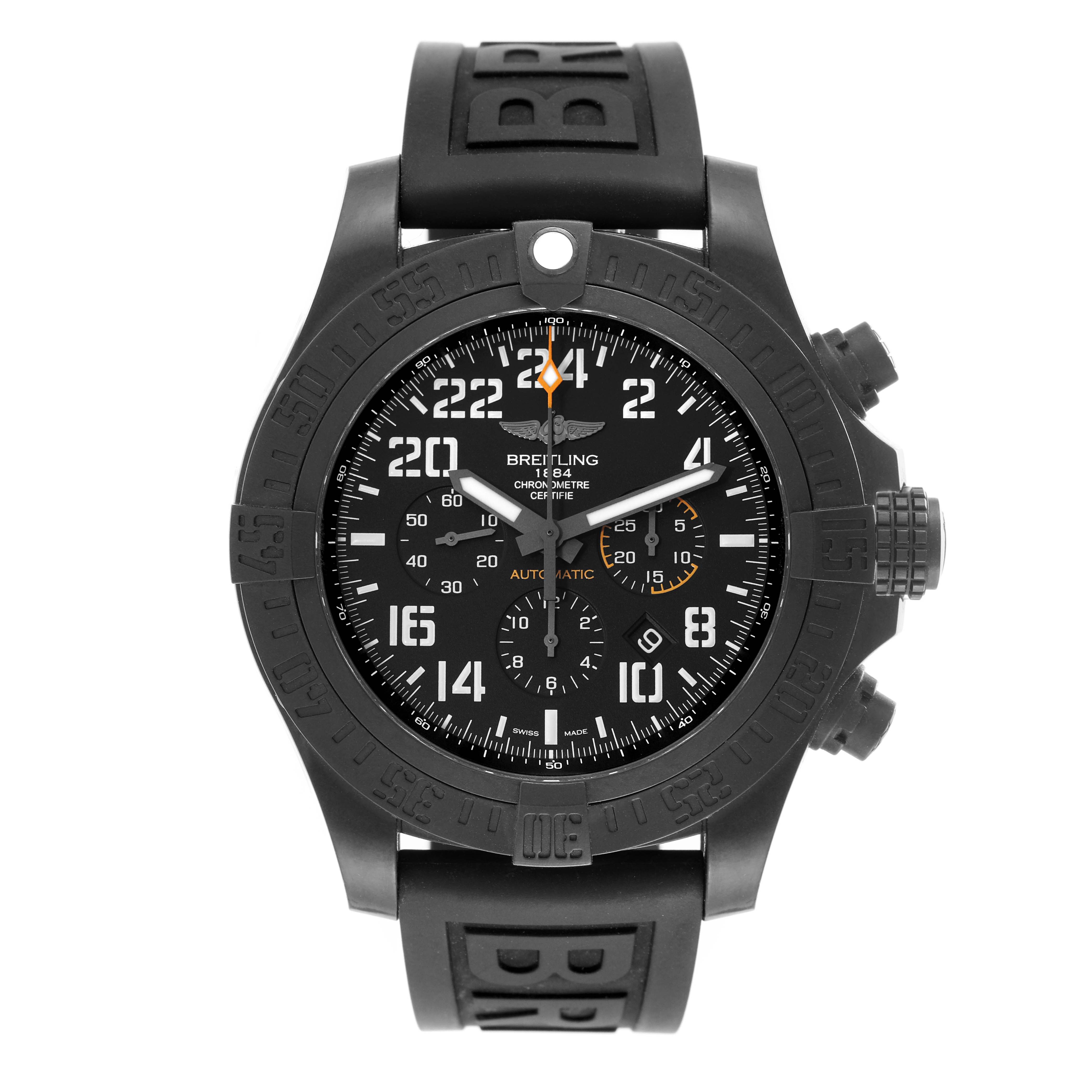 The image shows a front view of a Breitling Avenger XB1210E4/BE89 Men's Titanium Black Dial XB1210E4/BE89 Men's Titanium Black Dial watch, highlighting the dial, bezel, and strap.