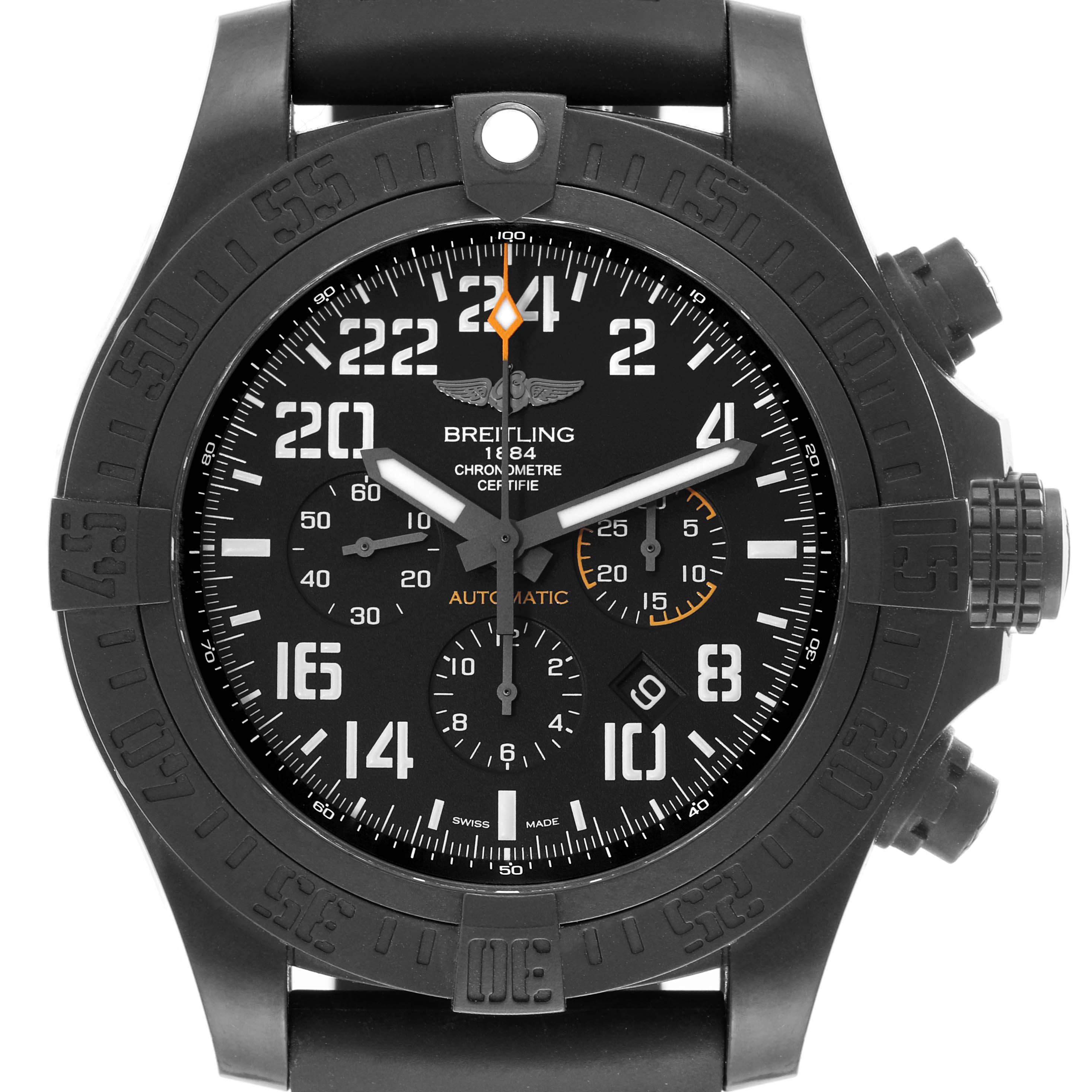 The image shows a front view of the Breitling Avenger XB1210E4/BE89 Men's Titanium Black Dial XB1210E4/BE89 Men's Titanium Black Dial watch, displaying the dial, bezel, and chronograph sub-dials.
