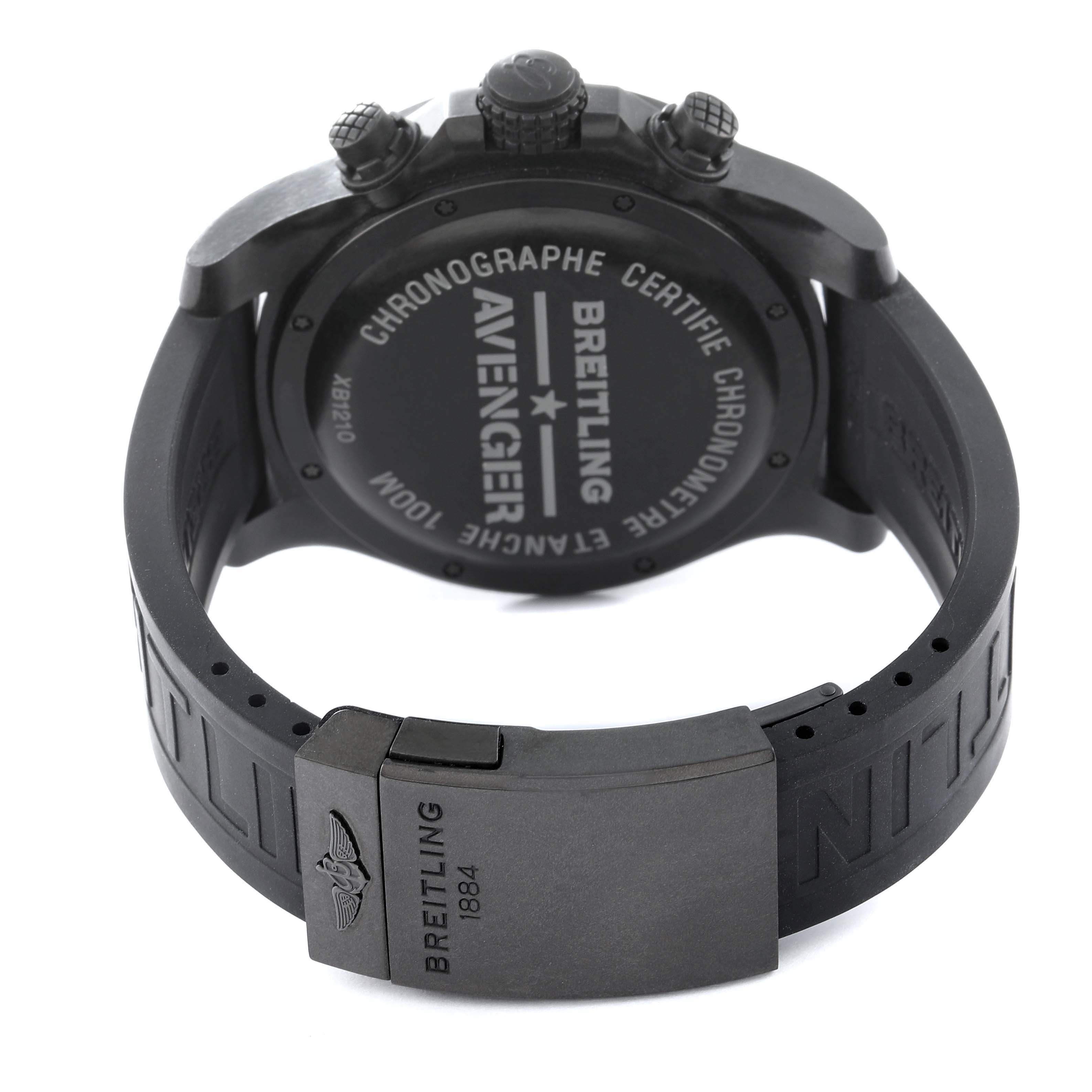 The image shows the back case and clasp of a Breitling Avenger XB1210E4/BE89 Men's Titanium Black Dial XB1210E4/BE89 Men's Titanium Black Dial watch, highlighting the engraved details and rubber strap.