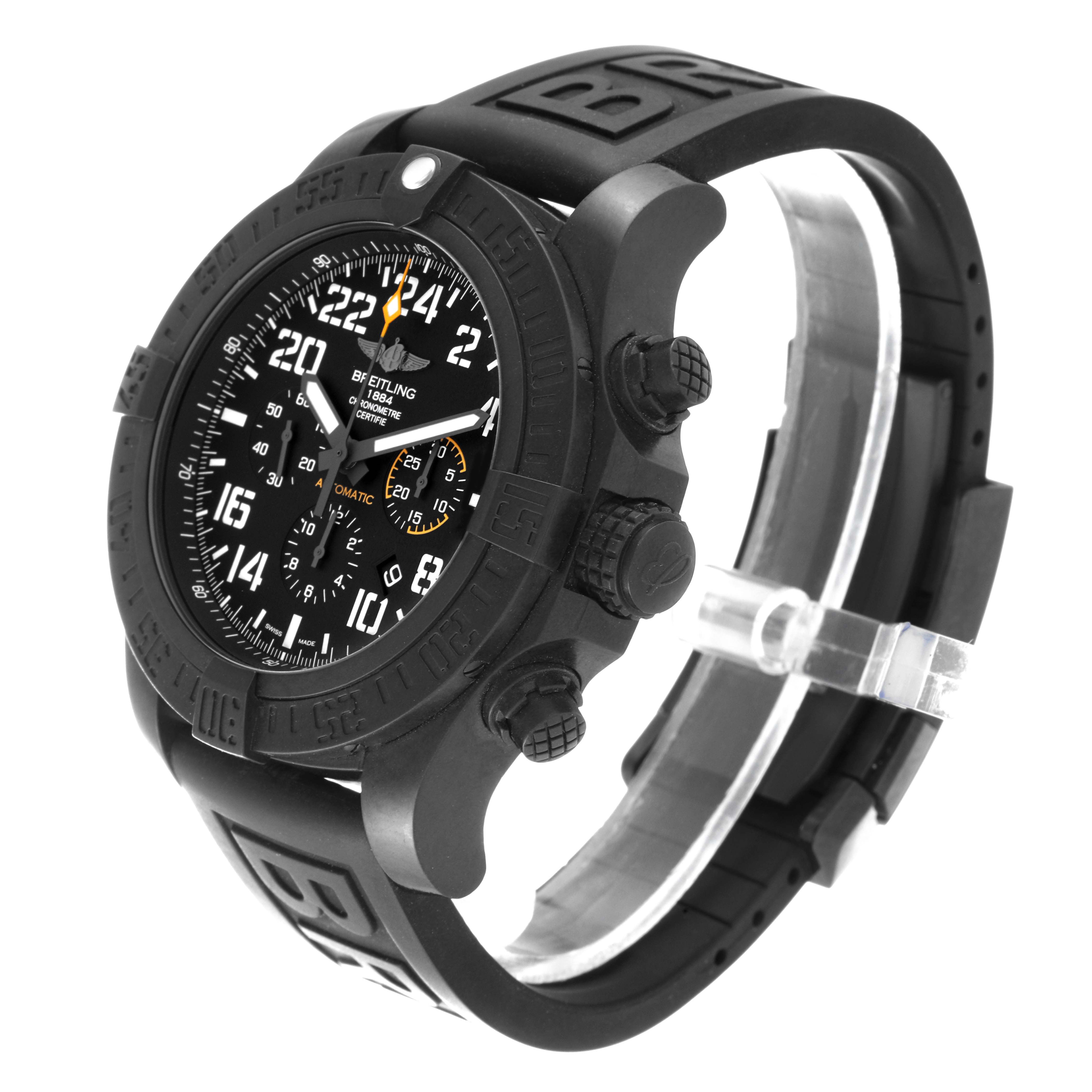 The Breitling Avenger XB1210E4/BE89 Men's Titanium Black Dial XB1210E4/BE89 Men's Titanium Black Dial watch is shown at a three-quarter angle, highlighting its face, bezel, and rubber strap.