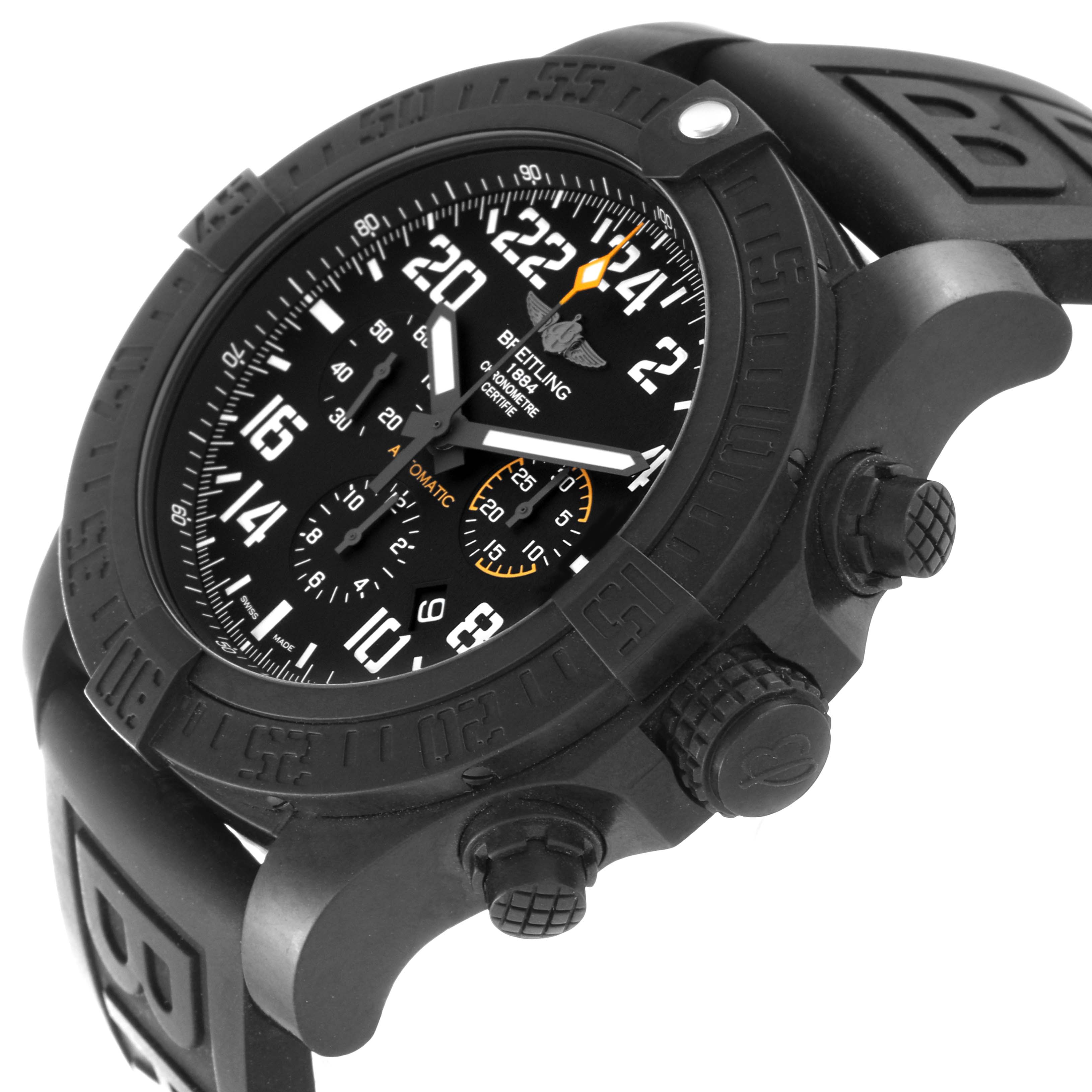 The image shows a side-angle view of a Breitling Avenger XB1210E4/BE89 Men's Titanium Black Dial XB1210E4/BE89 Men's Titanium Black Dial watch, highlighting the face, bezel, crown, and pushers.