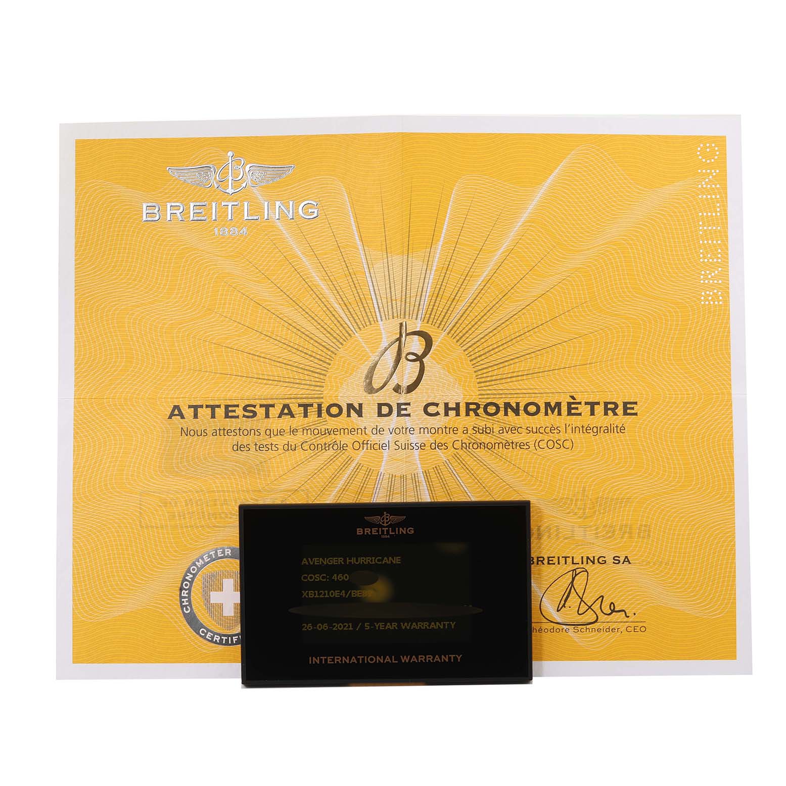 The image displays the certification and warranty card for the Breitling Avenger XB1210E4/BE89 Men's Titanium Black Dial XB1210E4/BE89 Men's Titanium Black Dial model.