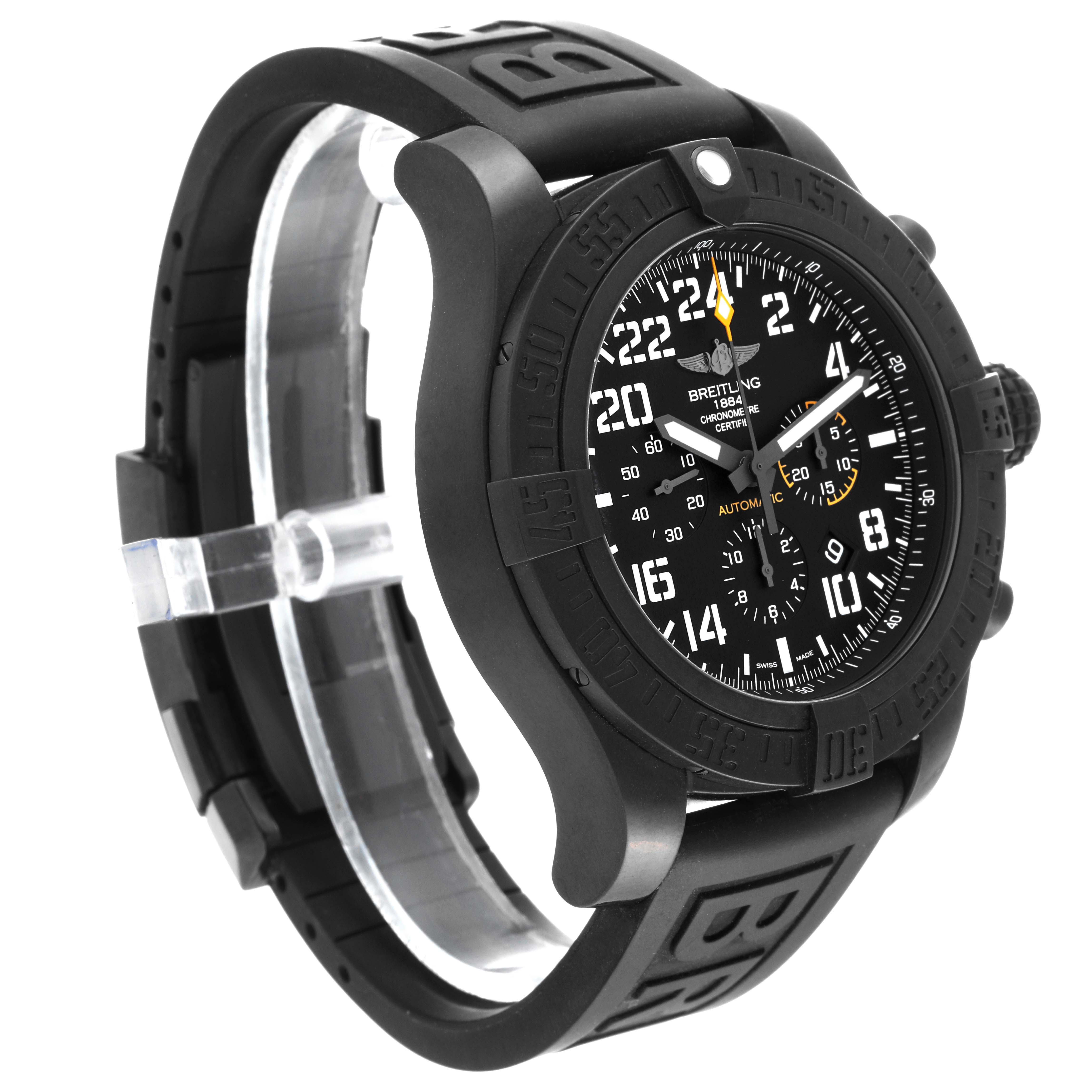 The image shows a left-angled front view of a Breitling Avenger XB1210E4/BE89 Men's Titanium Black Dial XB1210E4/BE89 Men's Titanium Black Dial watch, highlighting the bezel, dial, and black rubber strap.