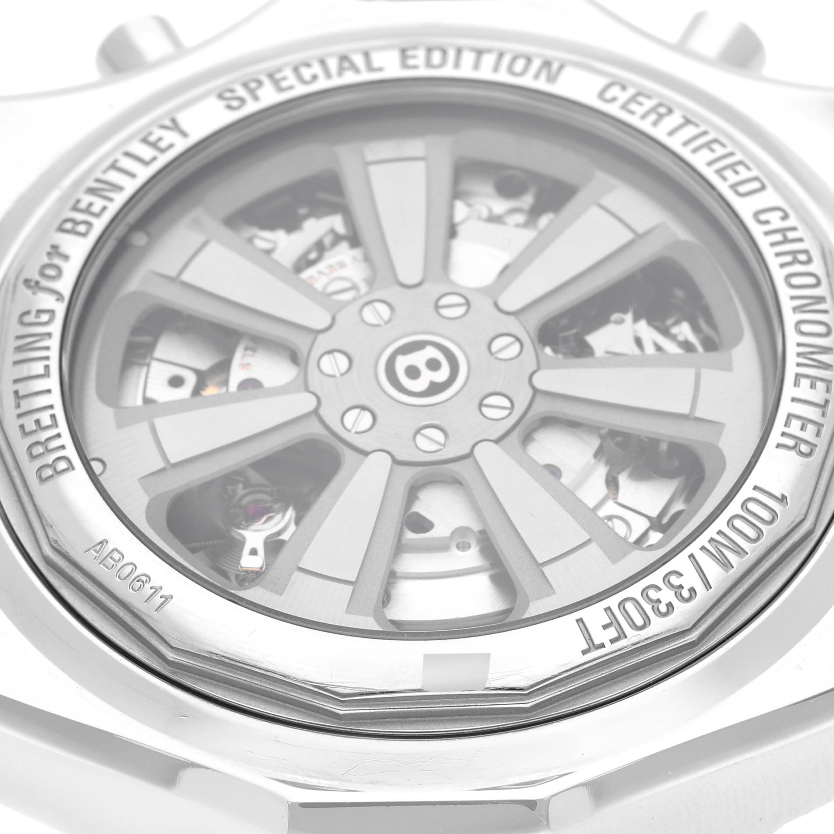 The image shows the case back and inner mechanics of a Breitling Bentley AB061112-G802 Men's Stainless Steel Silver Dial AB061112-G802 Men's Stainless Steel Silver Dial model watch, viewed from a close-up angle.