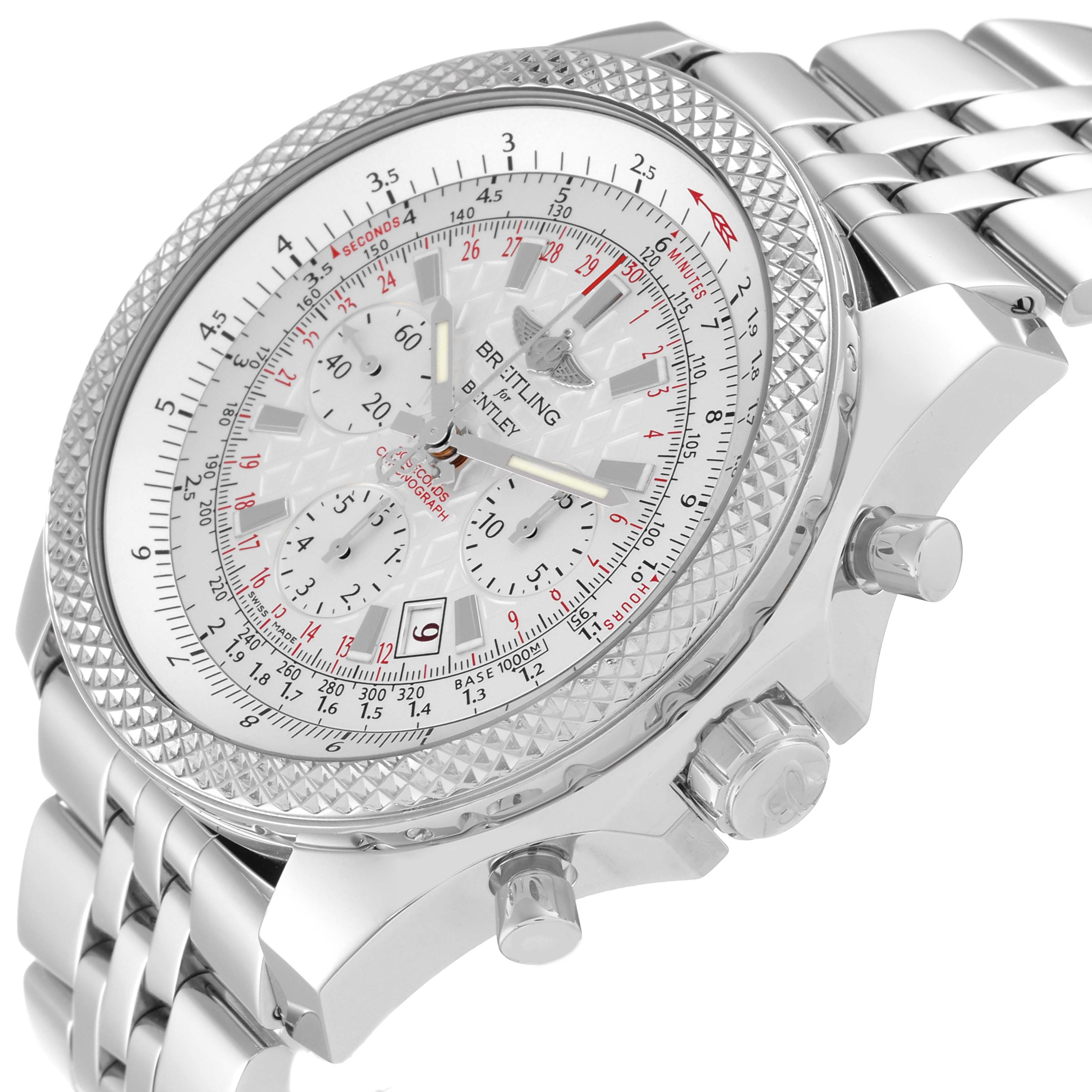 The image shows a side and angled view of the Breitling Bentley AB061112-G802 Men's Stainless Steel Silver Dial AB061112-G802 Men's Stainless Steel Silver Dial model watch, highlighting its dial, bezel, and stainless steel bracelet.