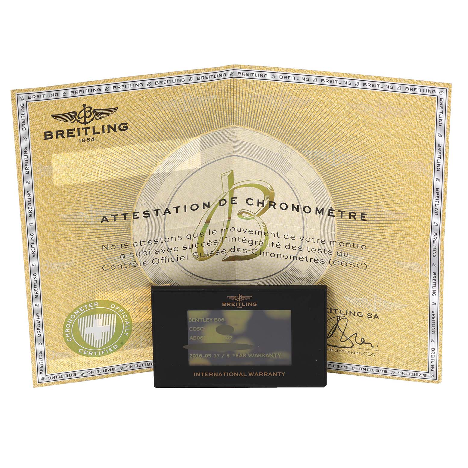 The image shows the certification and international warranty card for a Breitling Bentley AB061112-G802 Men's Stainless Steel Silver Dial AB061112-G802 Men's Stainless Steel Silver Dial model watch.