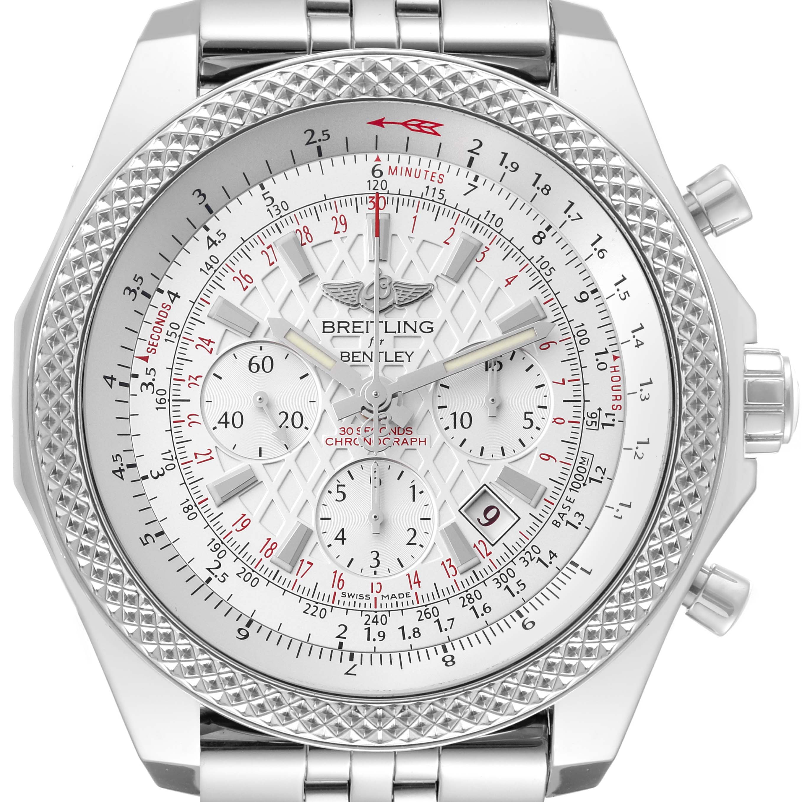 This image shows a front view of the Breitling Bentley AB061112-G802 Men's Stainless Steel Silver Dial AB061112-G802 Men's Stainless Steel Silver Dial model watch, highlighting the dial, bezel, and part of the bracelet.