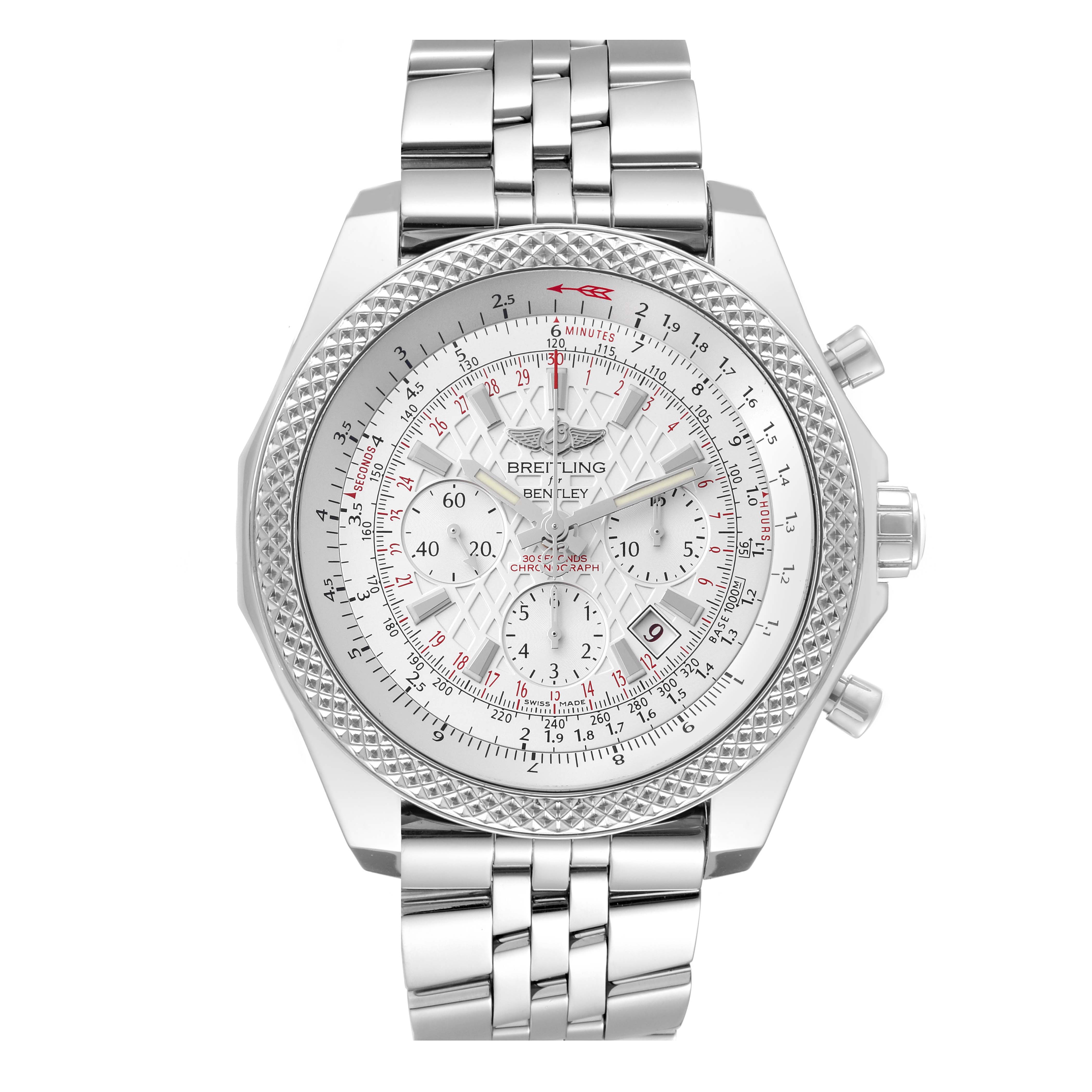 The image shows a frontal view of a Breitling Bentley AB061112-G802 Men's Stainless Steel Silver Dial AB061112-G802 Men's Stainless Steel Silver Dial model watch, featuring a metal bracelet and detailed dial with multiple sub-dials.