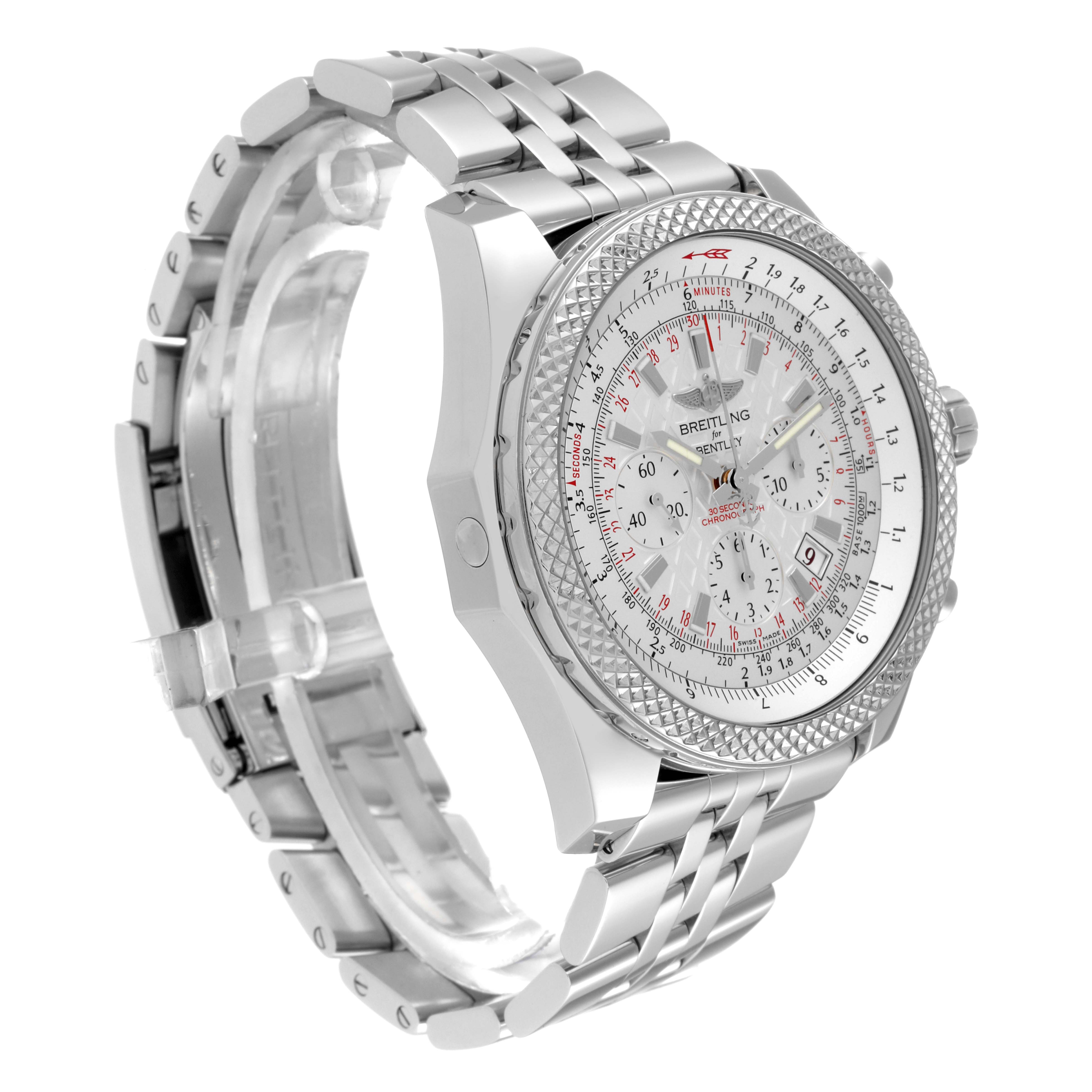 The Breitling Bentley AB061112-G802 Men's Stainless Steel Silver Dial AB061112-G802 Men's Stainless Steel Silver Dial watch is shown from a front-side angle, highlighting its face, bezel, and metal bracelet.