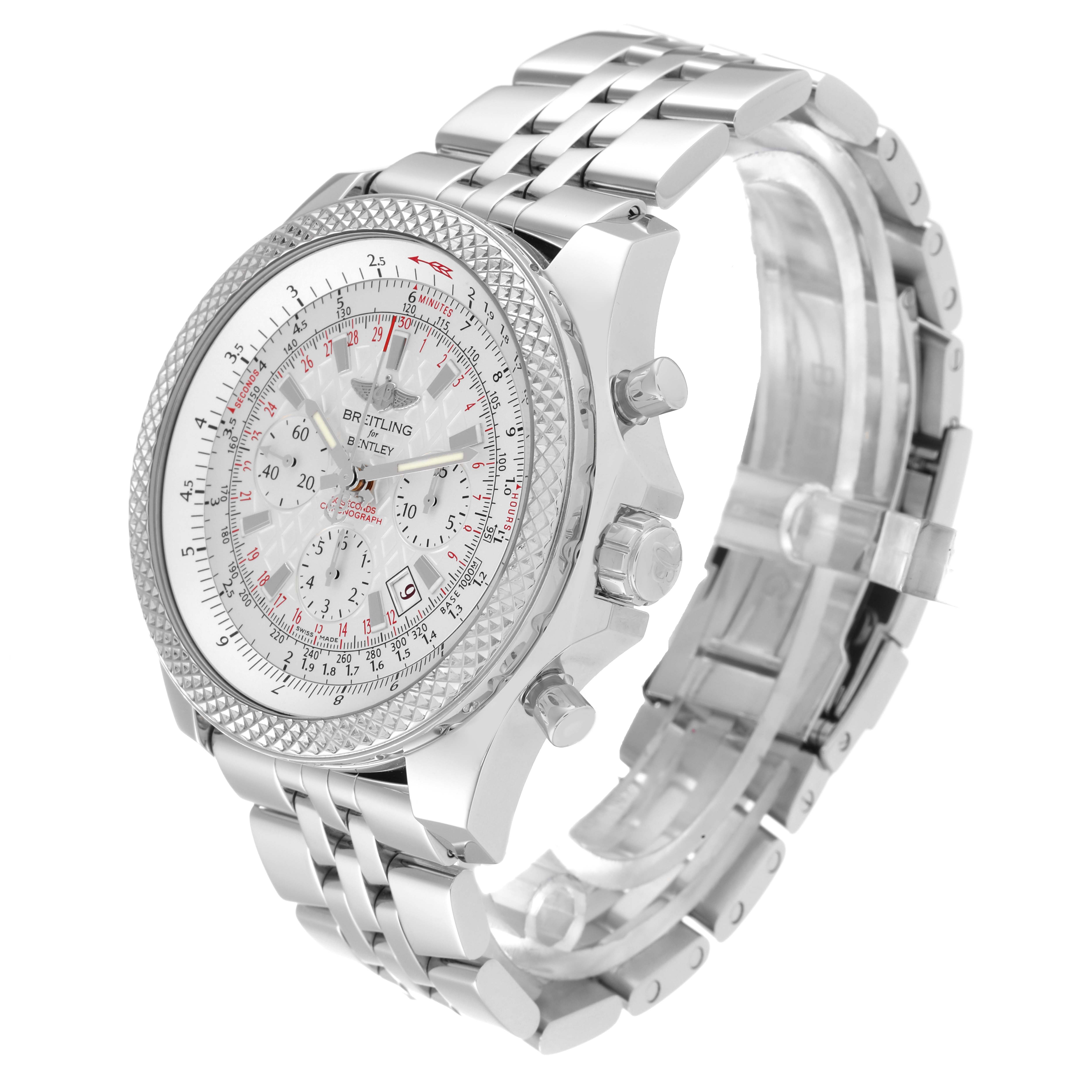 The Bentley model by Breitling is shown at a slight angle, highlighting the face, bezel, crown, chronograph buttons, and bracelet.