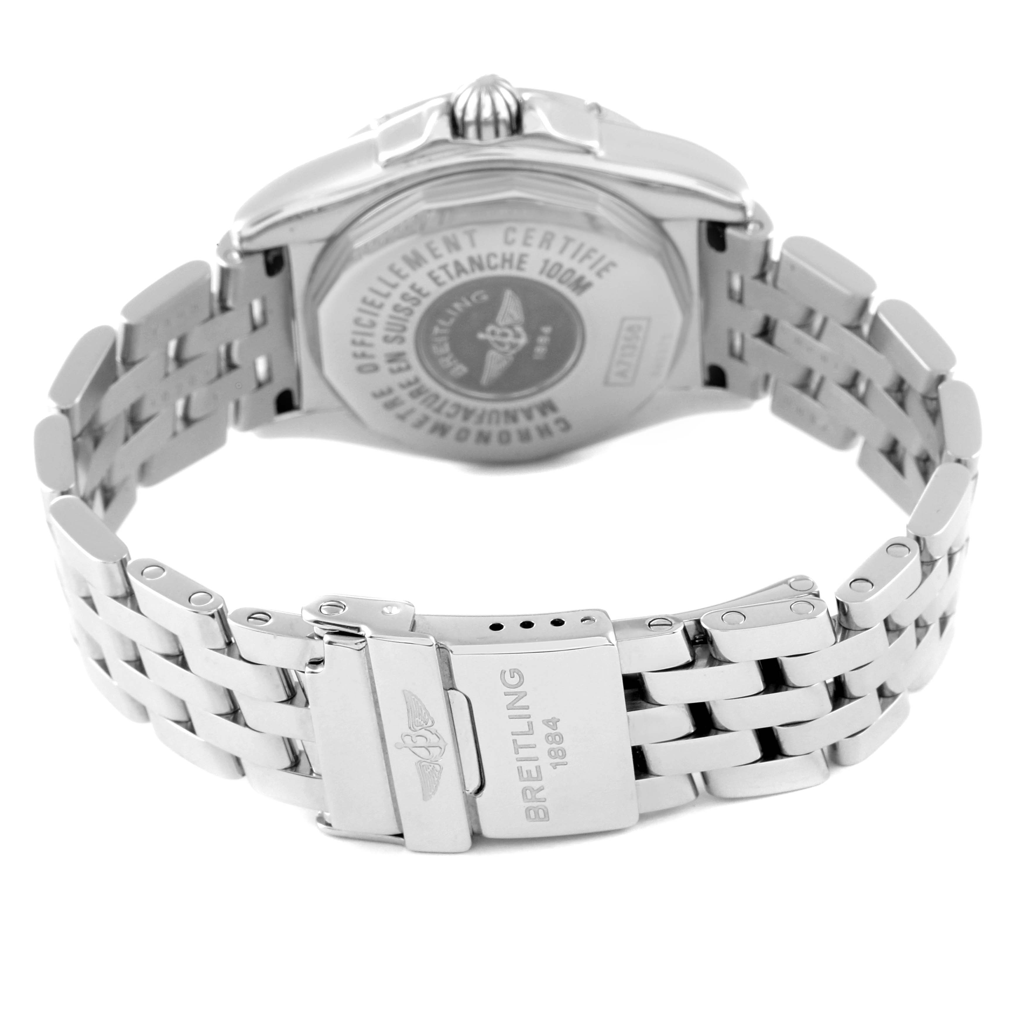 The image shows the back and clasp of a Breitling A71356 Women's Stainless Steel Brown Dial A71356 Women's Stainless Steel Brown Dial Galactic Bronze Diamond Dial Steel Ladies Watch model A71356.