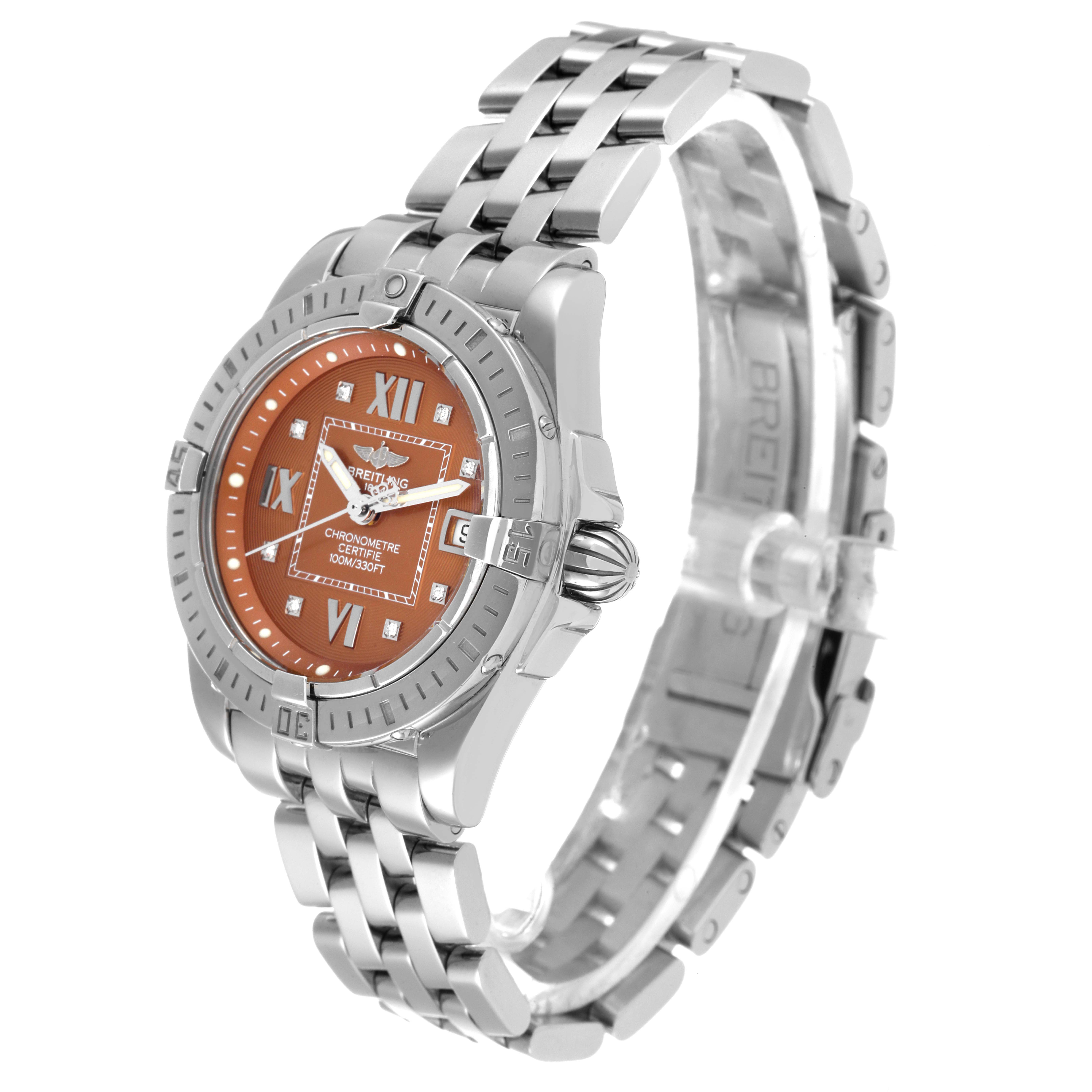The Breitling A71356 Women's Stainless Steel Brown Dial A71356 Women's Stainless Steel Brown Dial Galactic Bronze Diamond Dial Steel Ladies Watch A71356 is shown from an angled side view, highlighting its face, bezel, and bracelet.