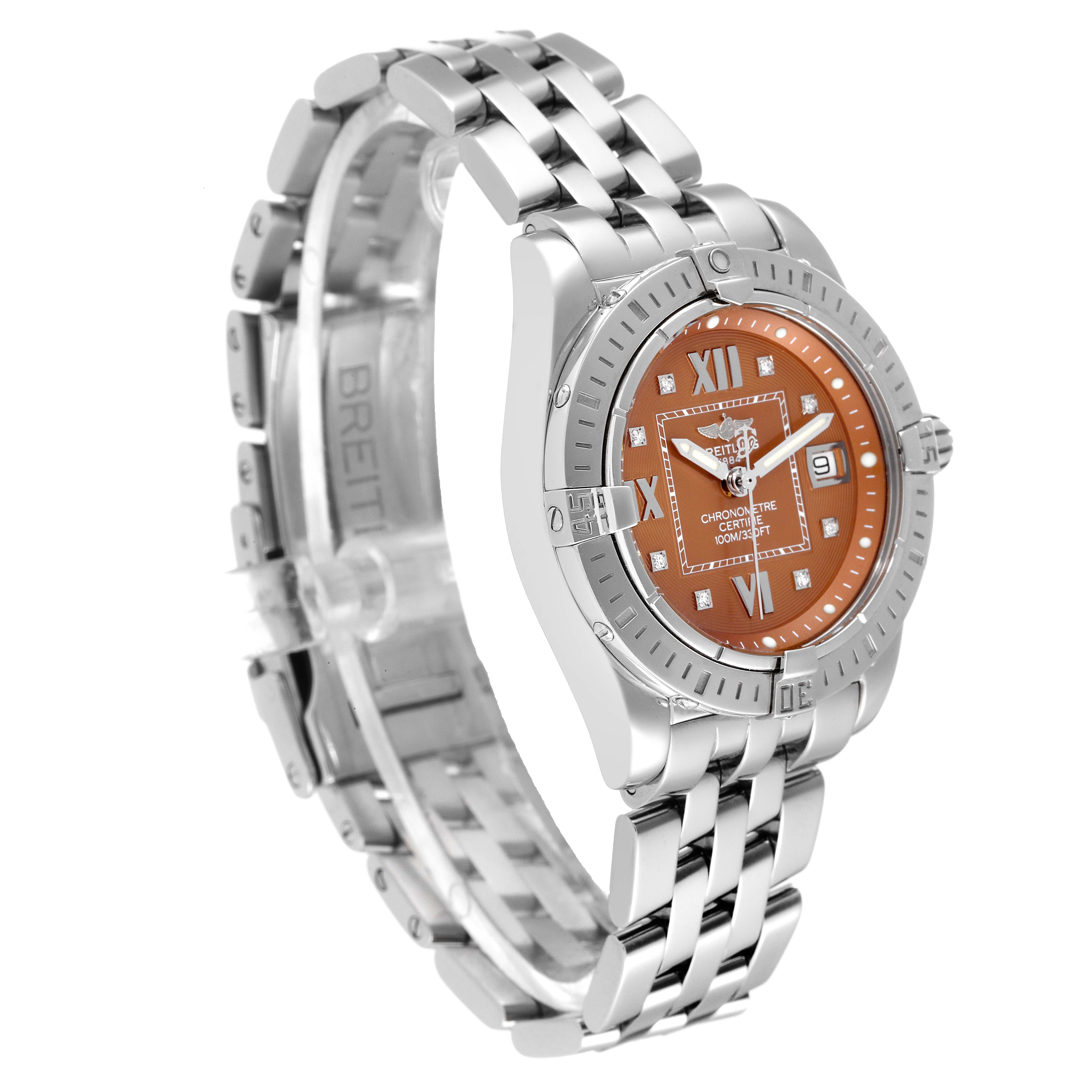 The image shows a side angle of the Breitling A71356 Women's Stainless Steel Brown Dial A71356 Women's Stainless Steel Brown Dial Galactic Bronze Diamond Dial Steel Ladies Watch A71356, highlighting the bezel, dial, and bracelet.