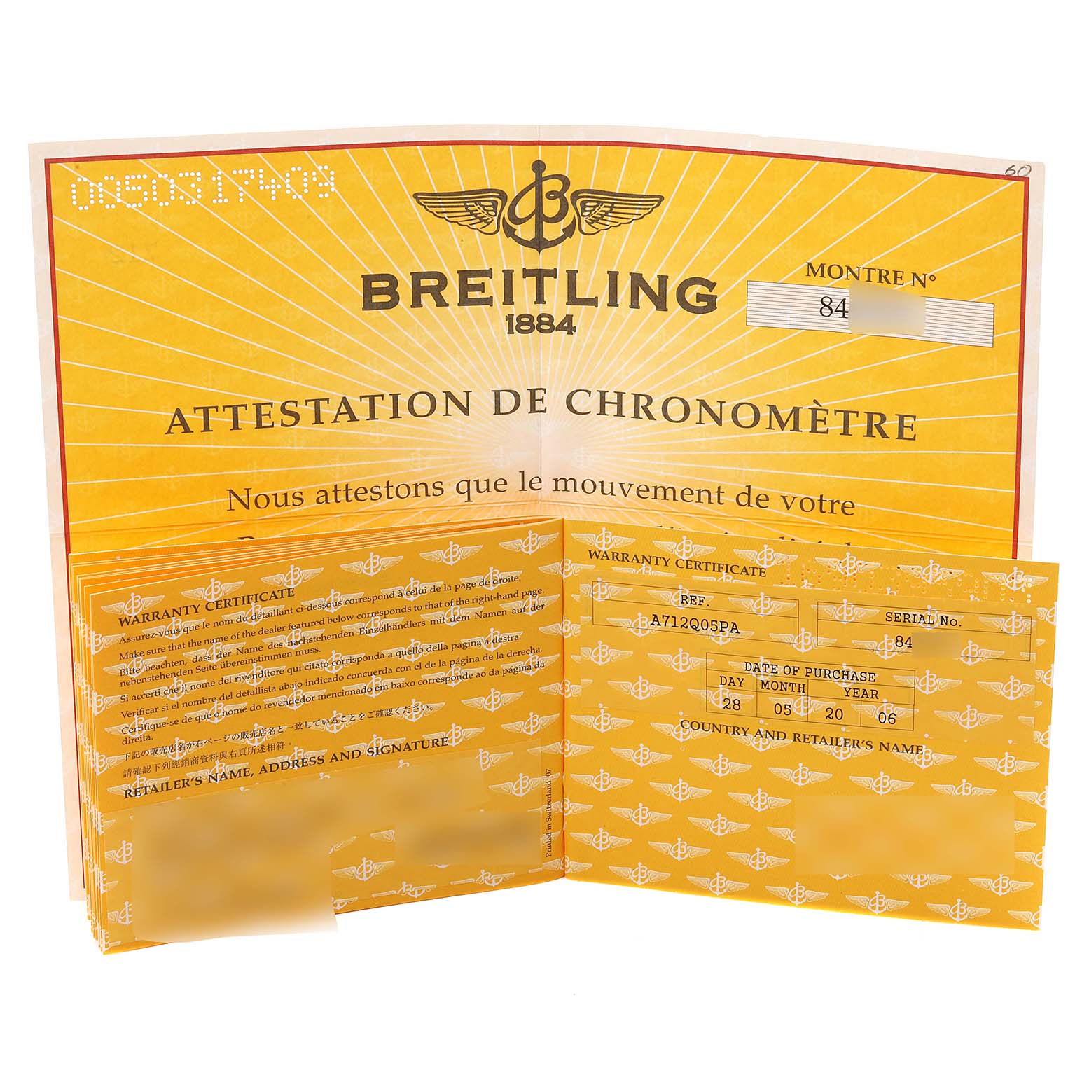 This image shows documents including a warranty certificate and a chronometer attestation for the Breitling A71356 Women's Stainless Steel Brown Dial A71356 Women's Stainless Steel Brown Dial Galactic Bronze Diamond Dial Steel Ladies Watch A71356.