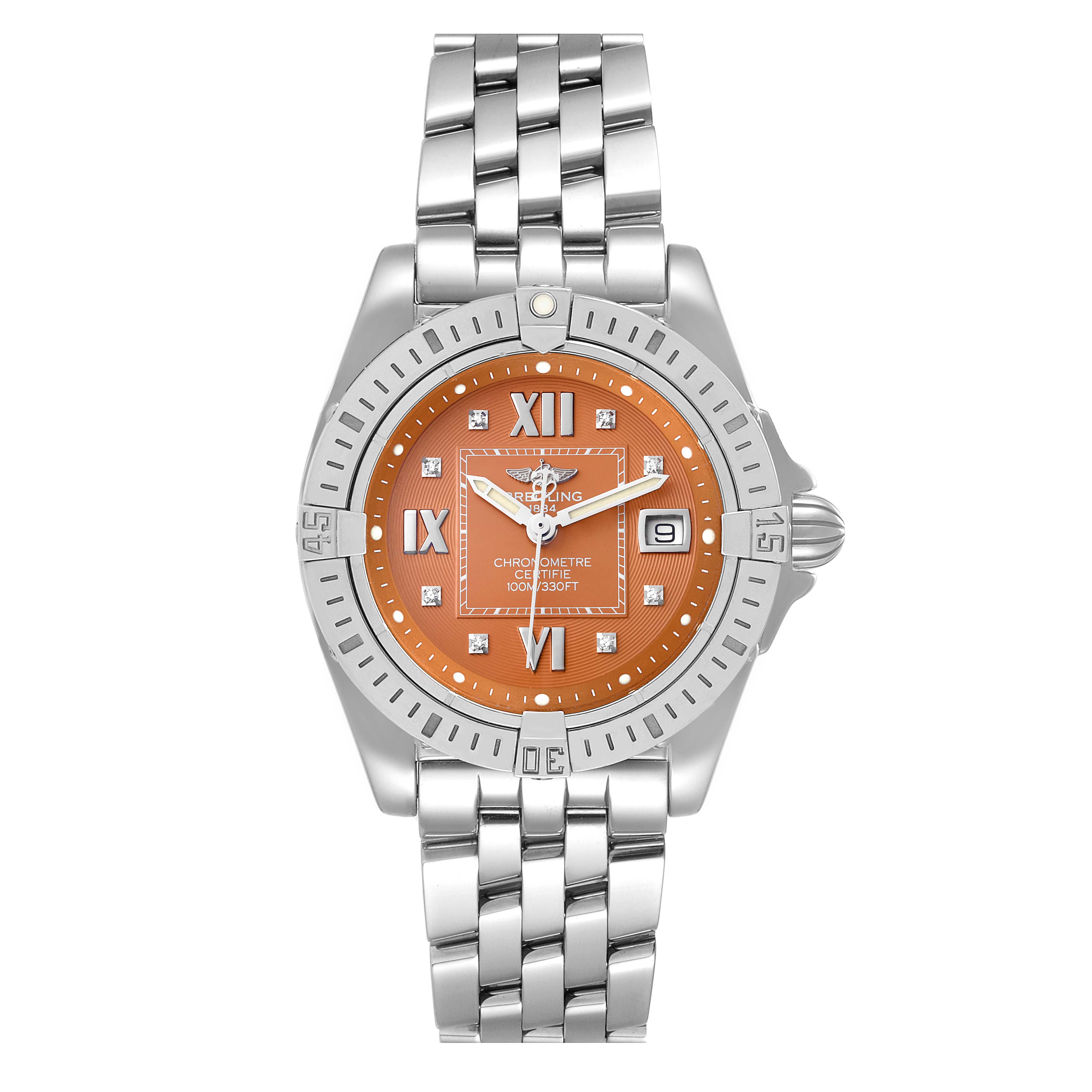 The Breitling A71356 Women's Stainless Steel Brown Dial A71356 Women's Stainless Steel Brown Dial Galactic Bronze Diamond Dial Steel Ladies Watch A71356 is shown from the front, highlighting the dial and bracelet.