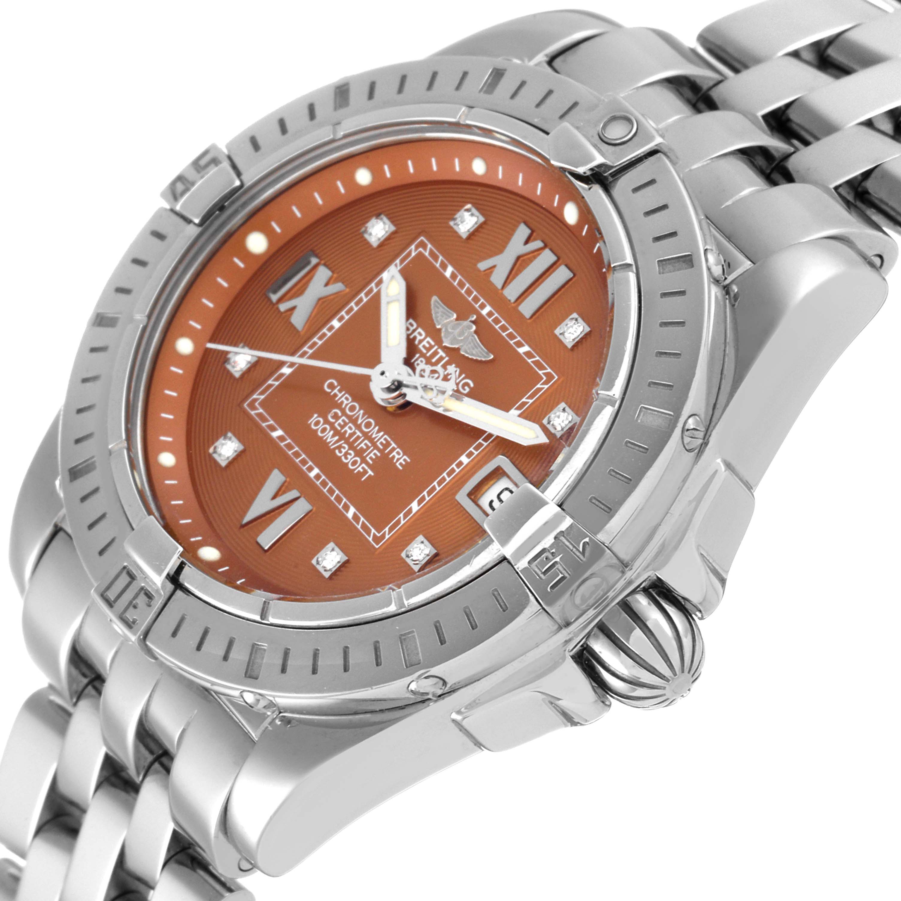 The Breitling A71356 Women's Stainless Steel Brown Dial A71356 Women's Stainless Steel Brown Dial Galactic A71356 watch is shown at a slight angle, highlighting the bronze diamond dial, bezel, and bracelet.