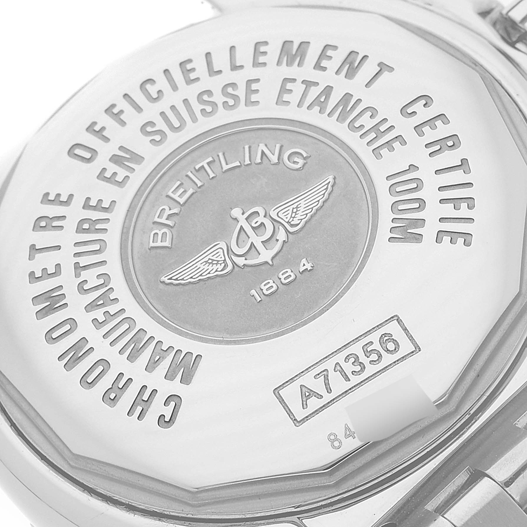 The image shows the back case of the Breitling A71356 Women's Stainless Steel Brown Dial A71356 Women's Stainless Steel Brown Dial Galactic Bronze Diamond Dial Steel Ladies Watch model A71356.