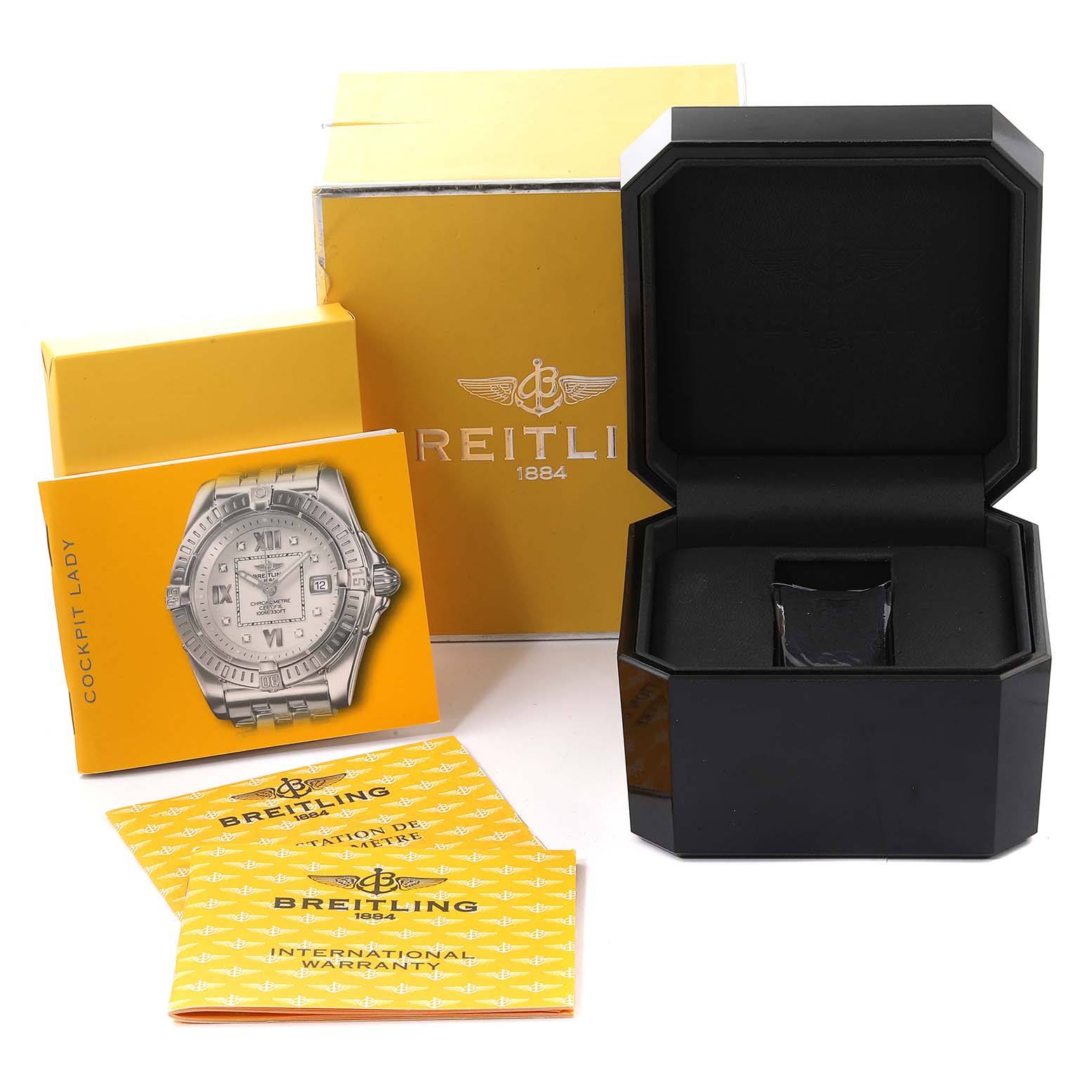 The image shows the box, papers, and accessories for the Breitling A71356 Women's Stainless Steel Brown Dial A71356 Women's Stainless Steel Brown Dial Galactic Bronze Diamond Dial Steel Ladies Watch A71356.