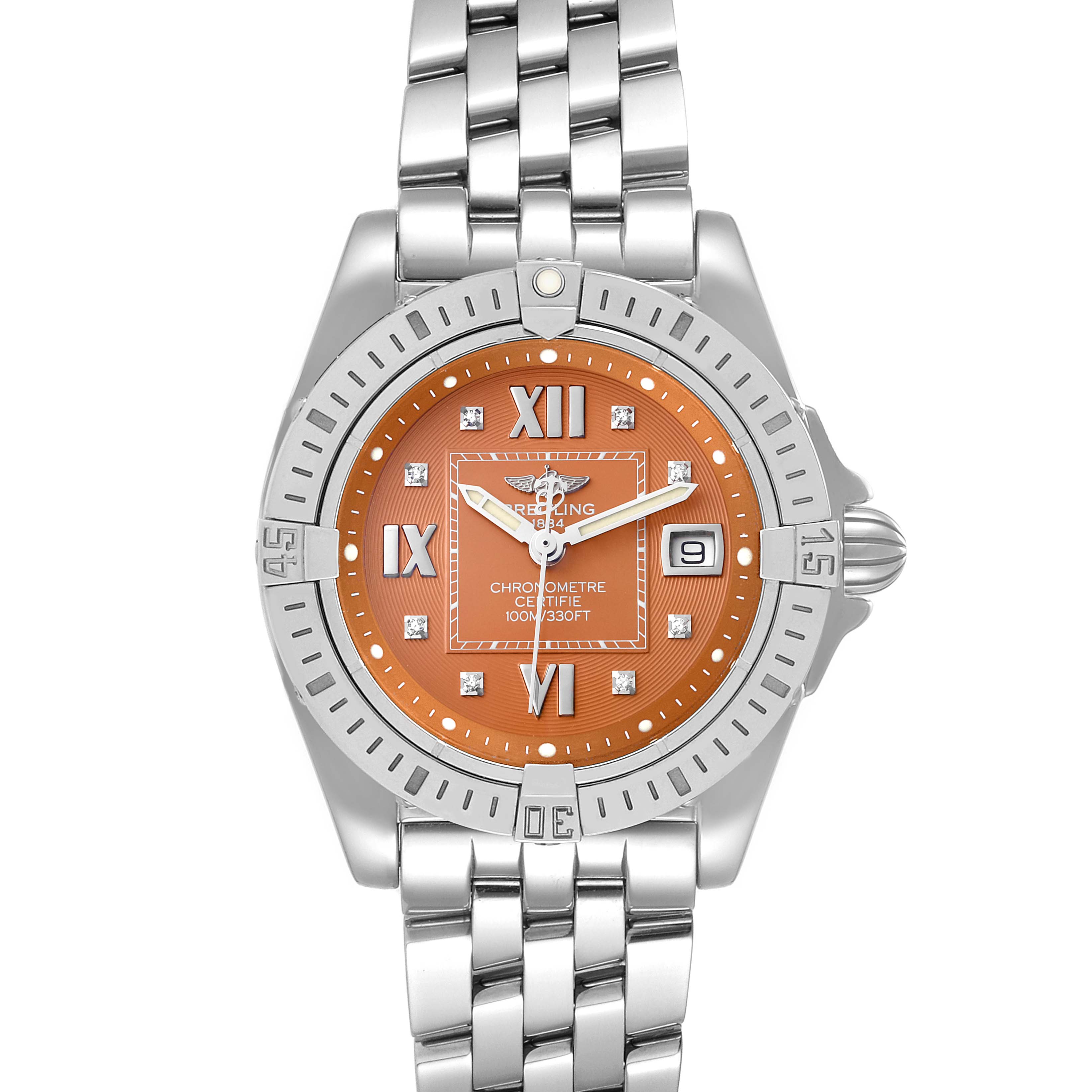 The Breitling A71356 Women's Stainless Steel Brown Dial A71356 Women's Stainless Steel Brown Dial Galactic Bronze Diamond Dial Steel Ladies Watch A71356 is shown from a front angle, displaying its face and bracelet.