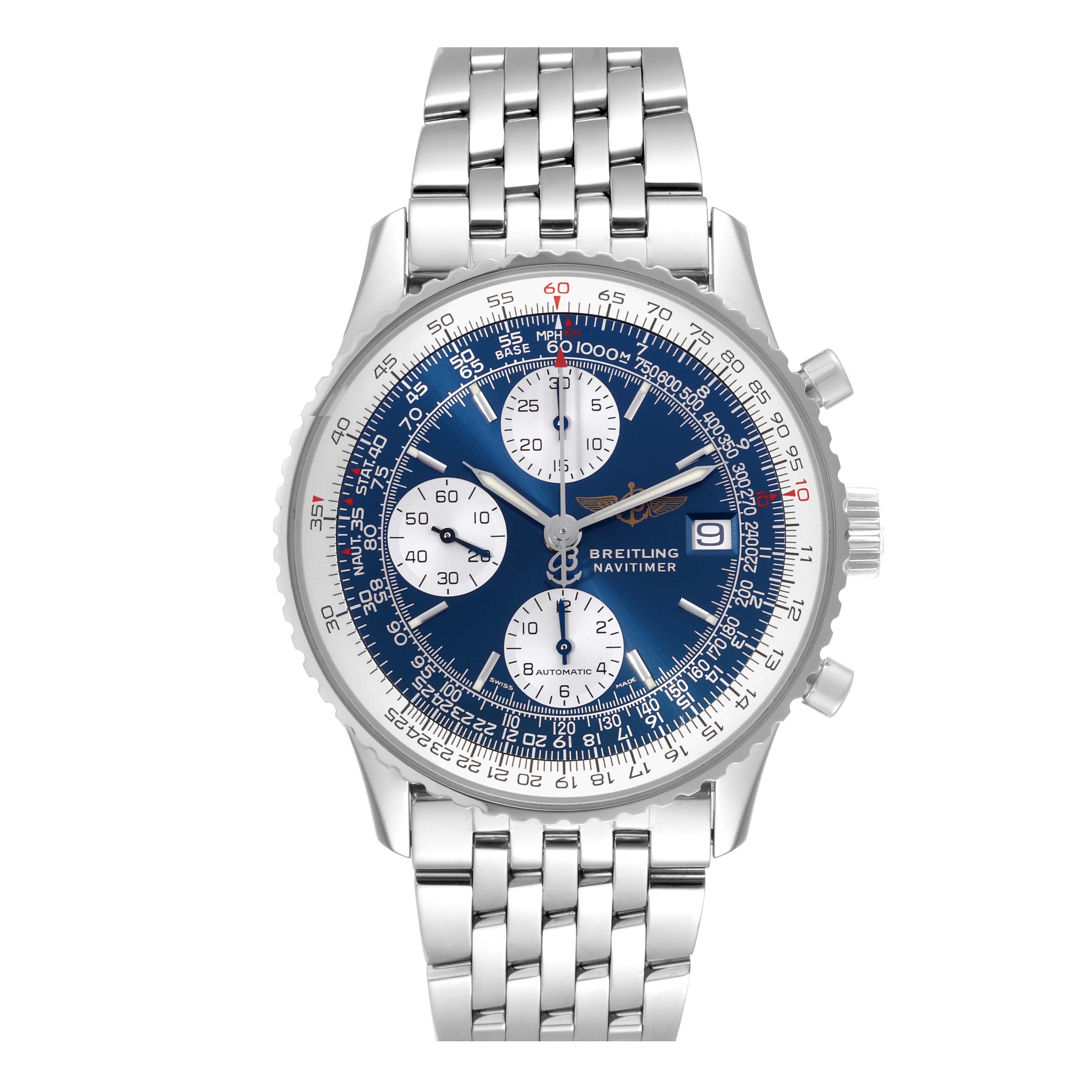 This image shows a front view of the Breitling Navitimer A13322 Men
s Stainless Steel Blue Dial A13322 Men
s Stainless Steel Blue Dial watch, highlighting its dial, bezel, subdials, and metal bracelet.