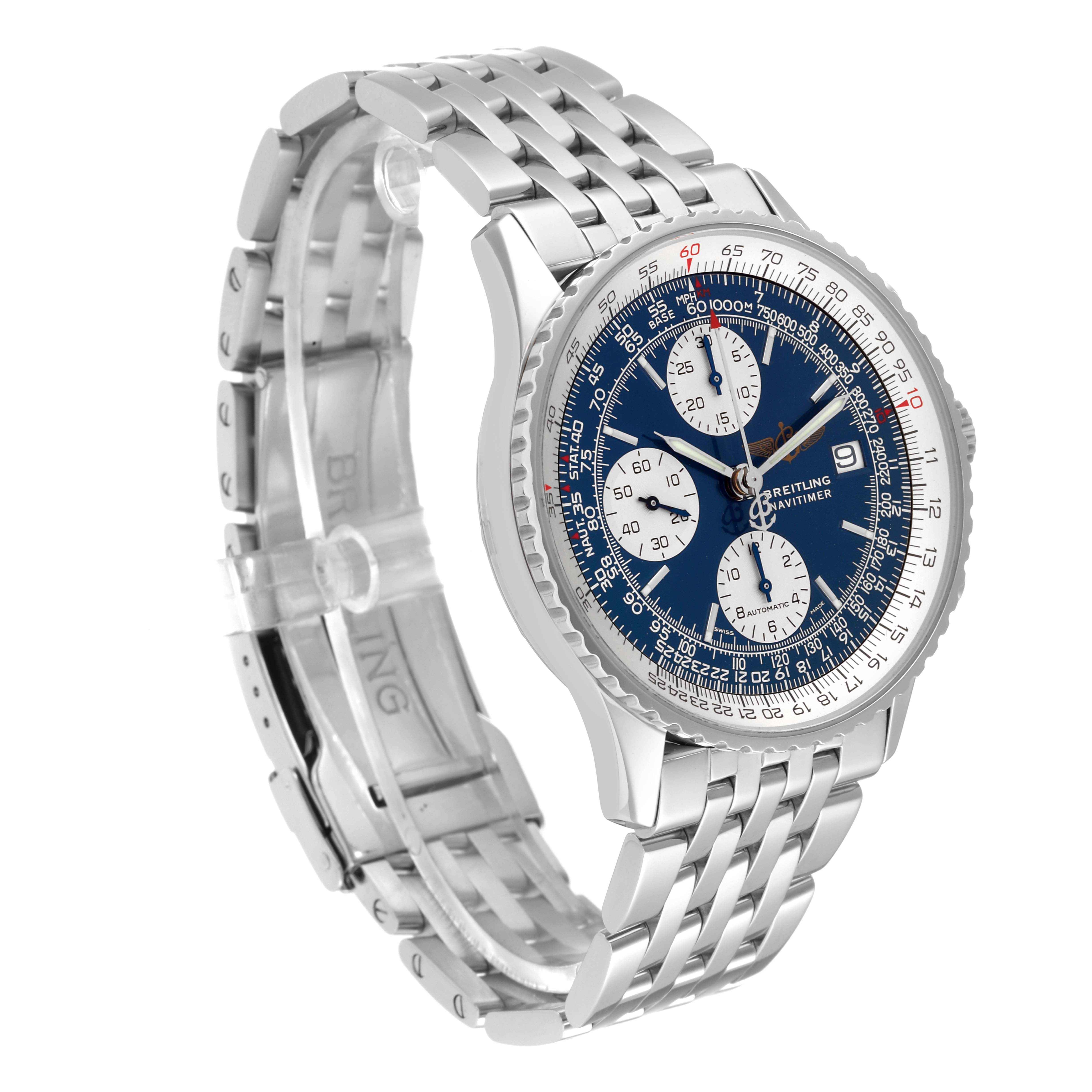 The image shows a side view of a Breitling Navitimer A13322 Men
s Stainless Steel Blue Dial A13322 Men
s Stainless Steel Blue Dial watch, highlighting its band, clasp, and detailed dial.