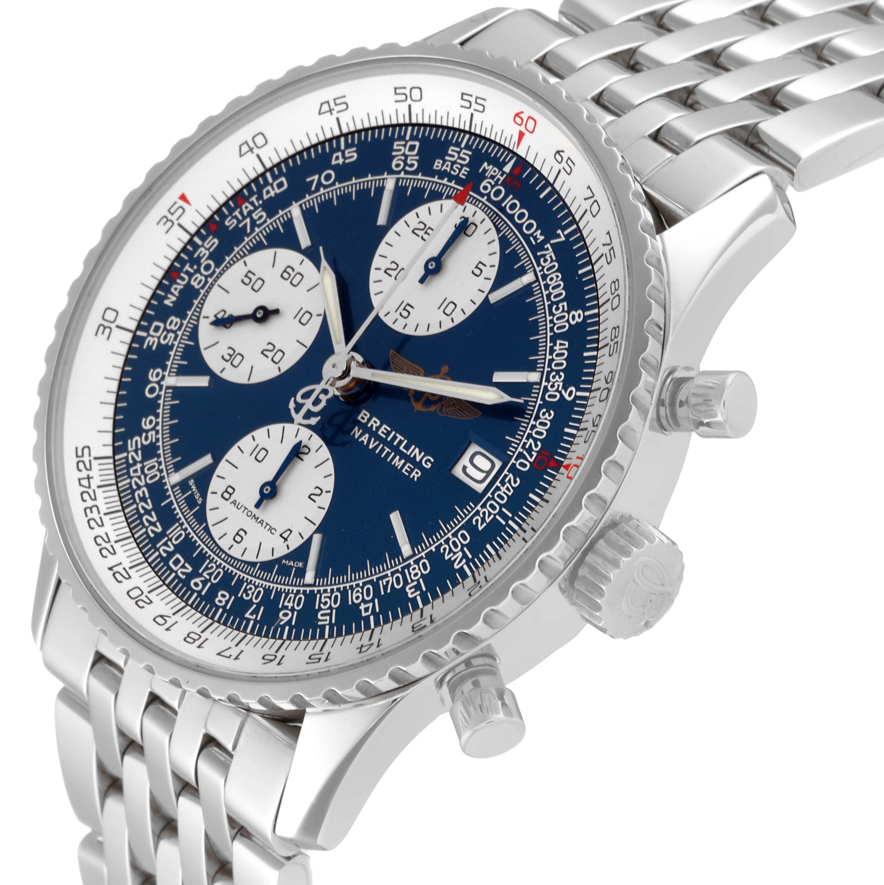This image shows a Breitling Navitimer A13322 Men
s Stainless Steel Blue Dial A13322 Men
s Stainless Steel Blue Dial watch from an angled view highlighting its face, bezel, crown, and bracelet.