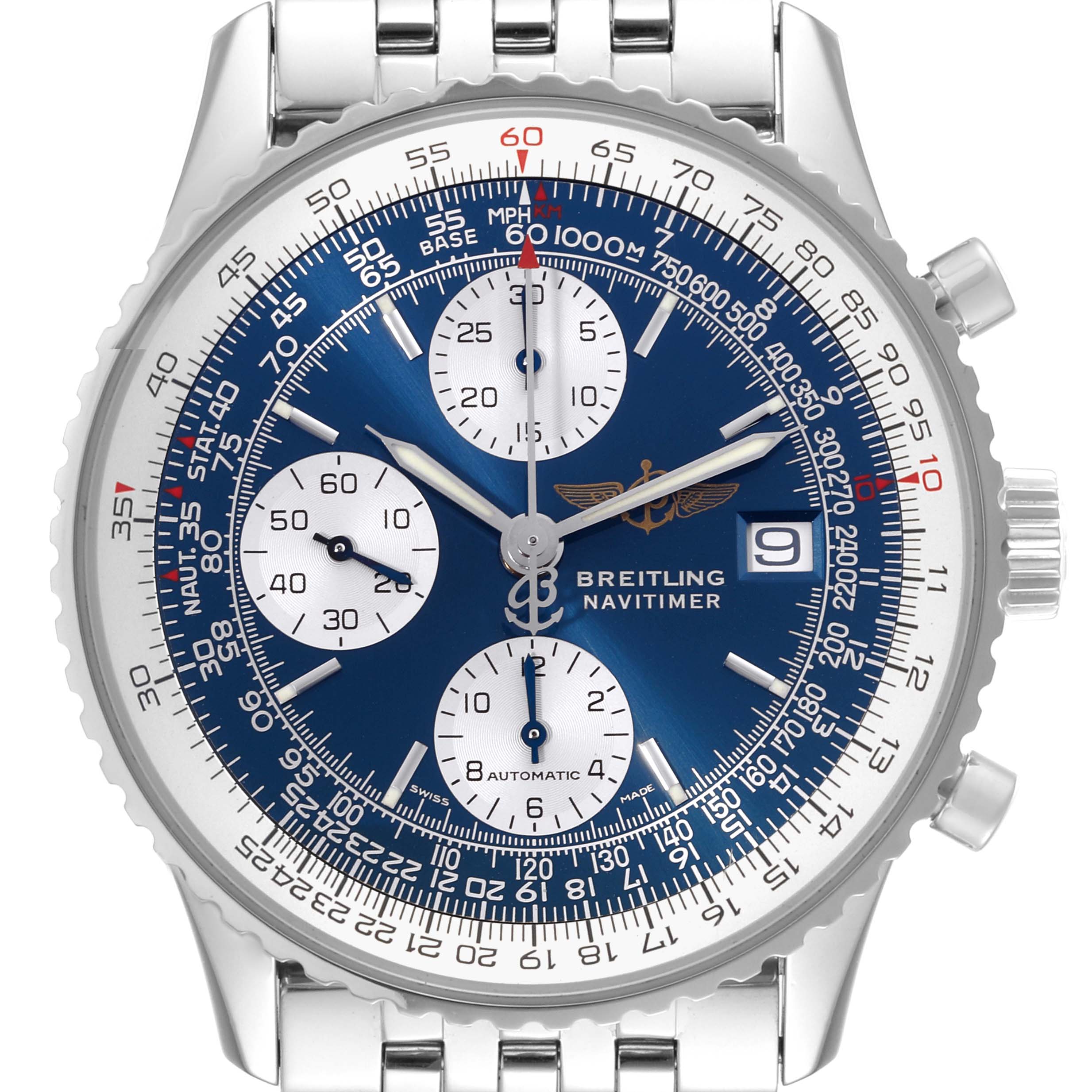 The image shows a front view of a Breitling Navitimer A13322 Men
s Stainless Steel Blue Dial A13322 Men
s Stainless Steel Blue Dial watch displaying its dial, bezel, subdials, and part of the bracelet.