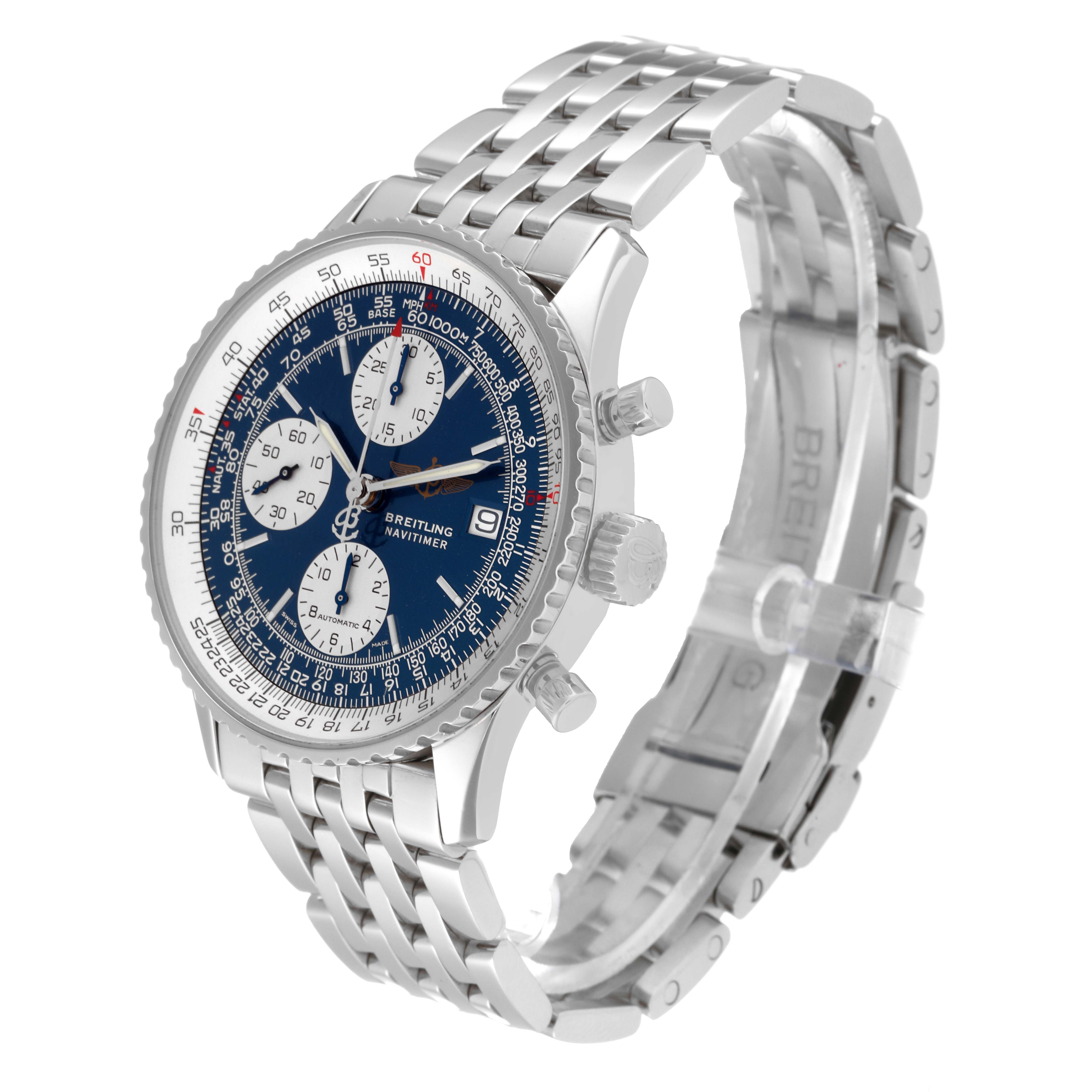 This image shows a side and front view of the Breitling Navitimer A13322 Men
s Stainless Steel Blue Dial A13322 Men
s Stainless Steel Blue Dial watch, featuring its bezel, dial, case, and metal bracelet.