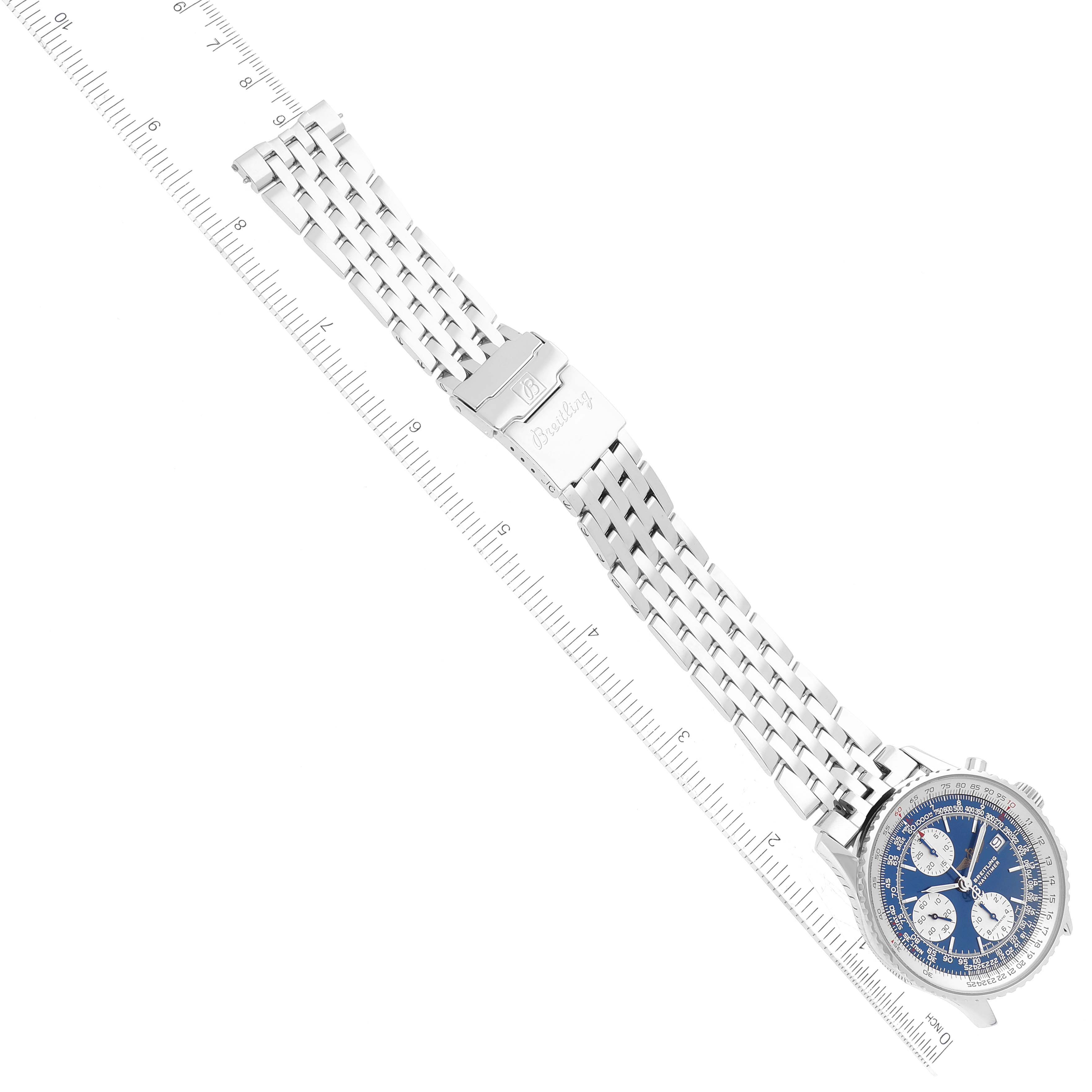 This image shows the entirety of a Breitling Navitimer A13322 Men
s Stainless Steel Blue Dial A13322 Men
s Stainless Steel Blue Dial watch, including the face and metal bracelet at an angled perspective.