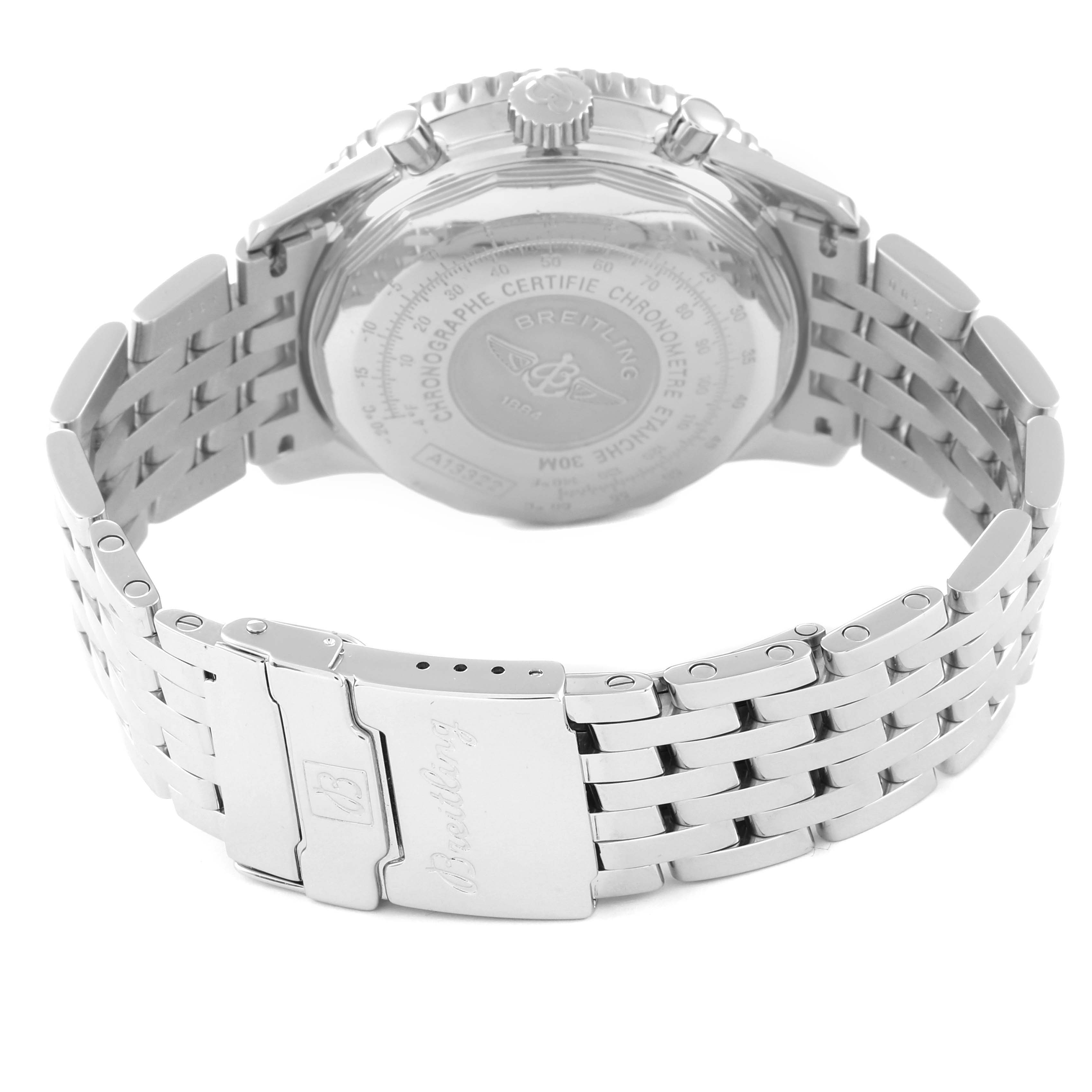 The image shows the back view of a Breitling Navitimer A13322 Men
s Stainless Steel Blue Dial A13322 Men
s Stainless Steel Blue Dial watch, highlighting the case back and the metal bracelet.