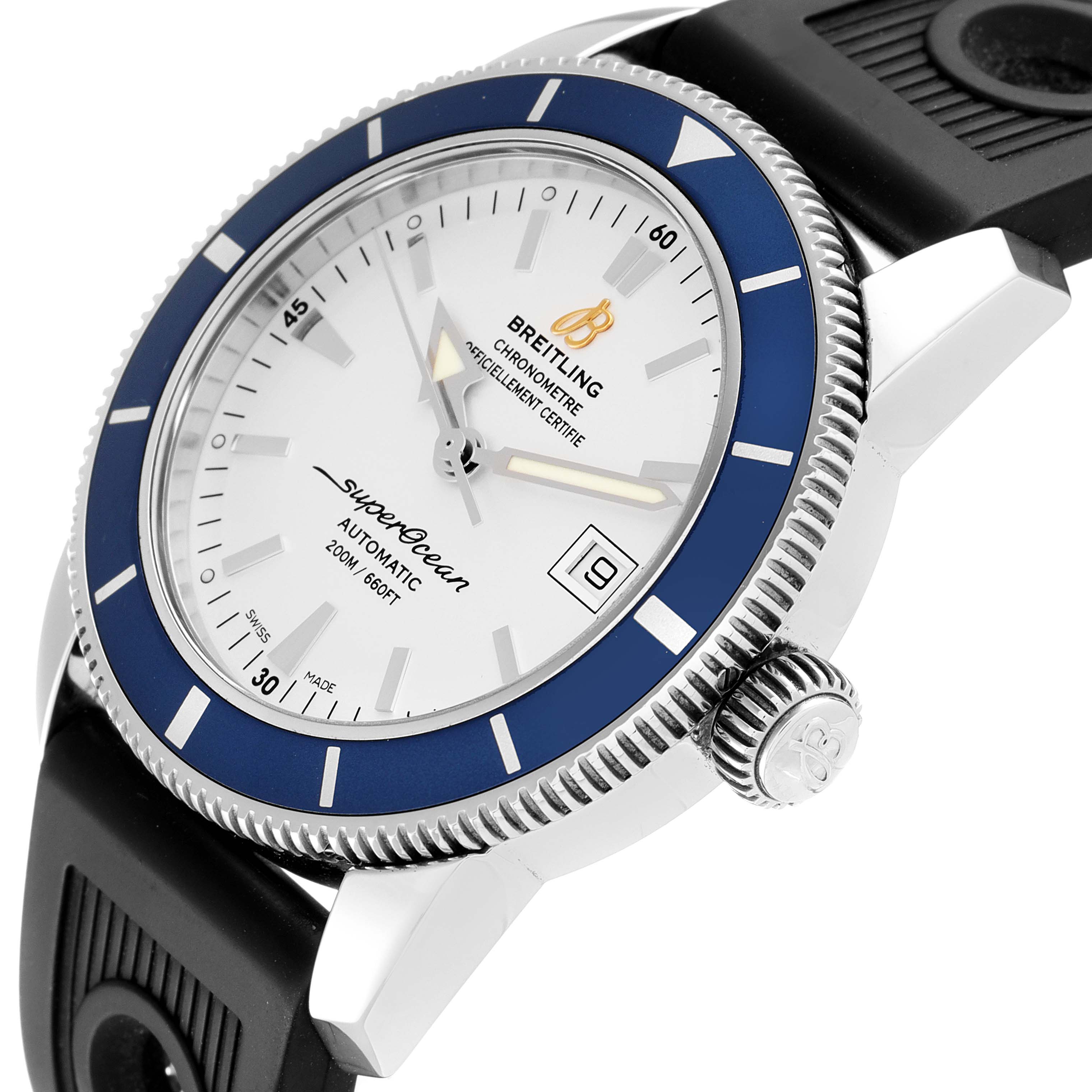 The image shows a partial side and front view of a Breitling Superocean A17321 Men's Stainless Steel Silver Dial A17321 Men's Stainless Steel Silver Dial watch, highlighting the dial, bezel, crown, and strap.