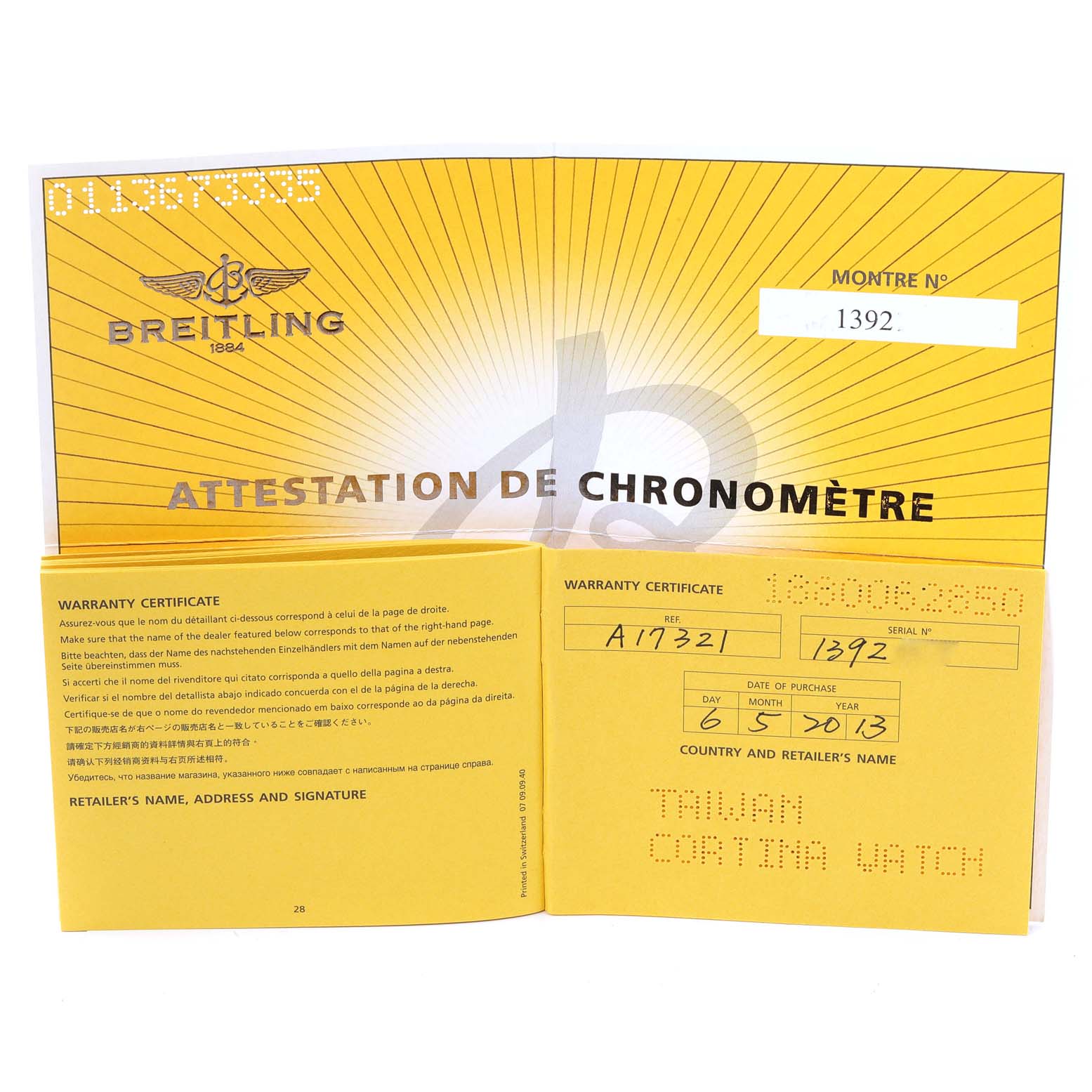 The image shows the warranty certificate and chronometer attestation for a Breitling Superocean A17321 Men's Stainless Steel Silver Dial A17321 Men's Stainless Steel Silver Dial watch.