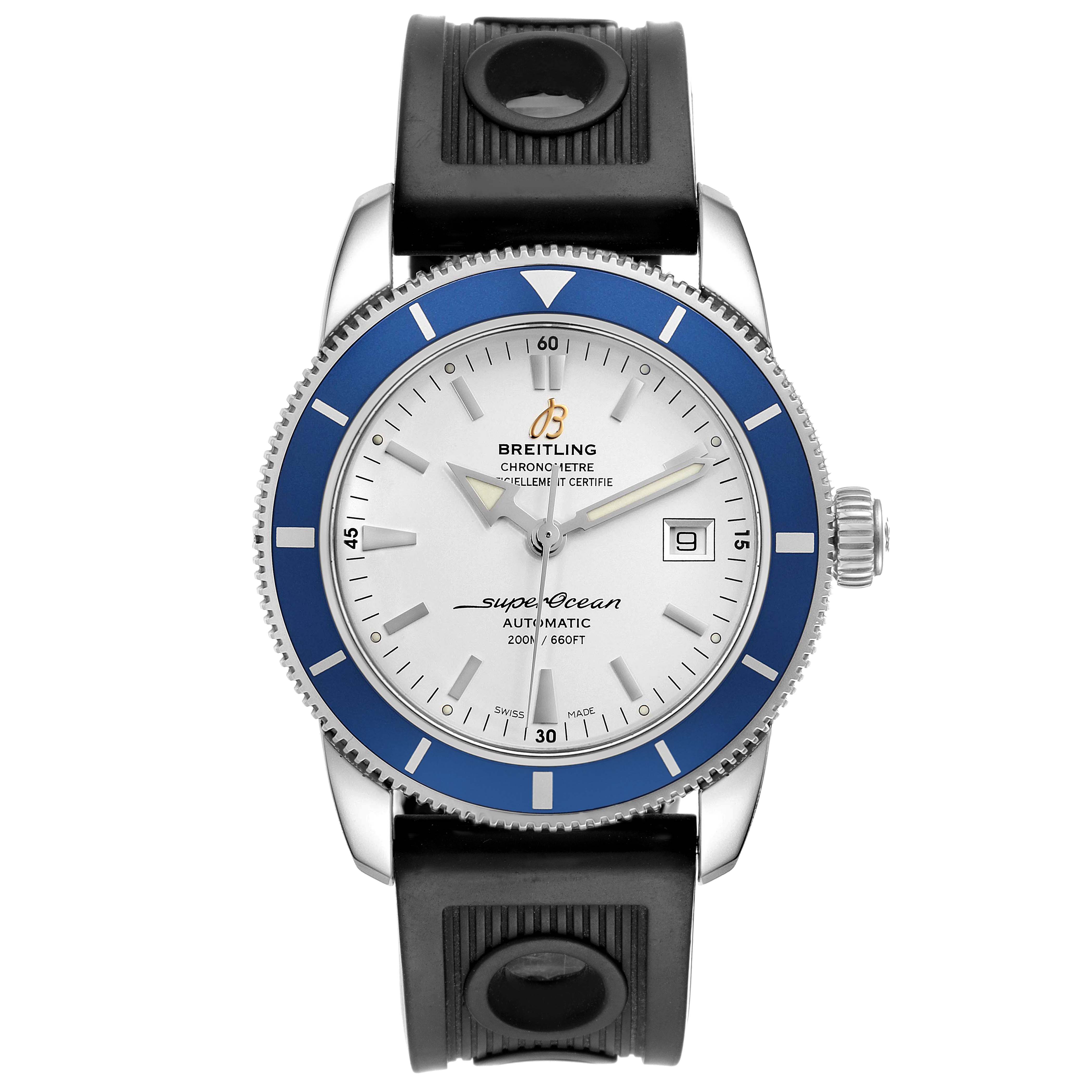 The Breitling Superocean A17321 Men's Stainless Steel Silver Dial A17321 Men's Stainless Steel Silver Dial watch is shown from the front, displaying the dial, bezel, and rubber strap.