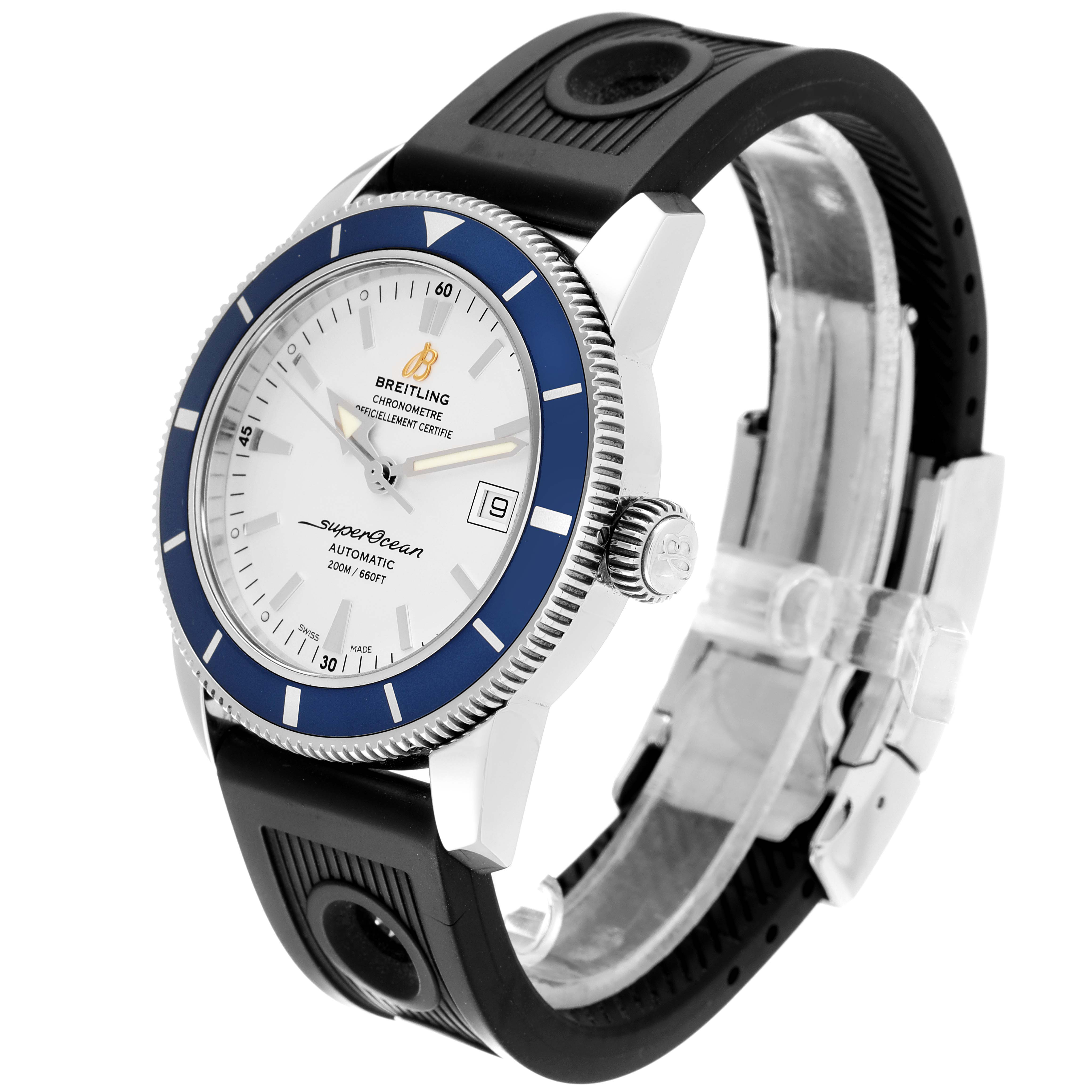 The image shows a side angle of the Breitling Superocean A17321 Men's Stainless Steel Silver Dial A17321 Men's Stainless Steel Silver Dial watch, displaying its face, bezel, crown, and rubber strap.