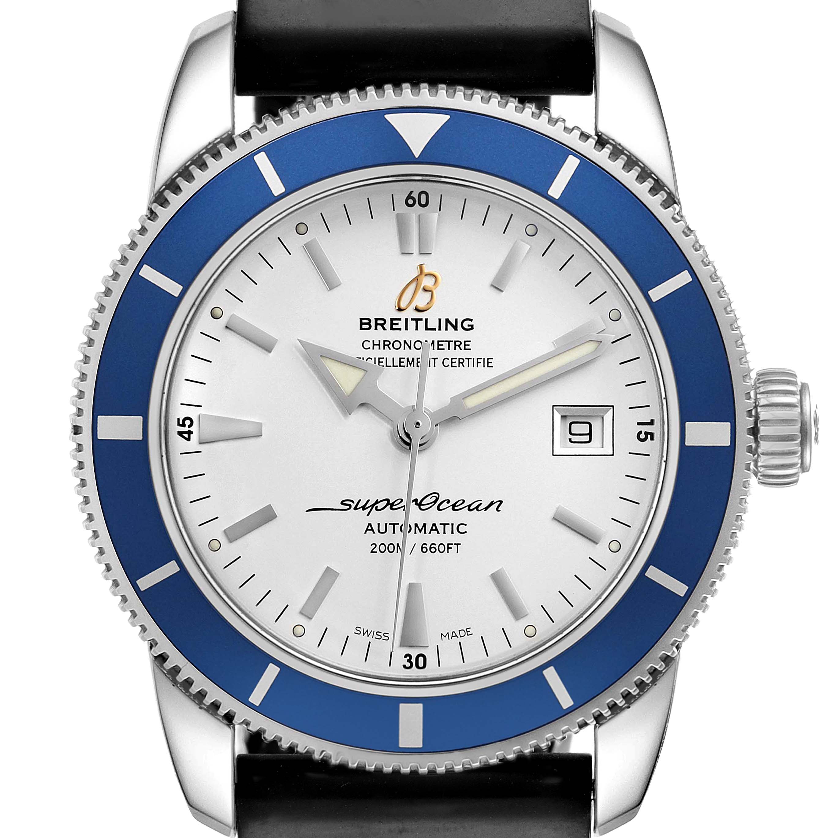 The image shows a front view of the Breitling Superocean A17321 Men's Stainless Steel Silver Dial A17321 Men's Stainless Steel Silver Dial watch, highlighting its dial, bezel, and crown.