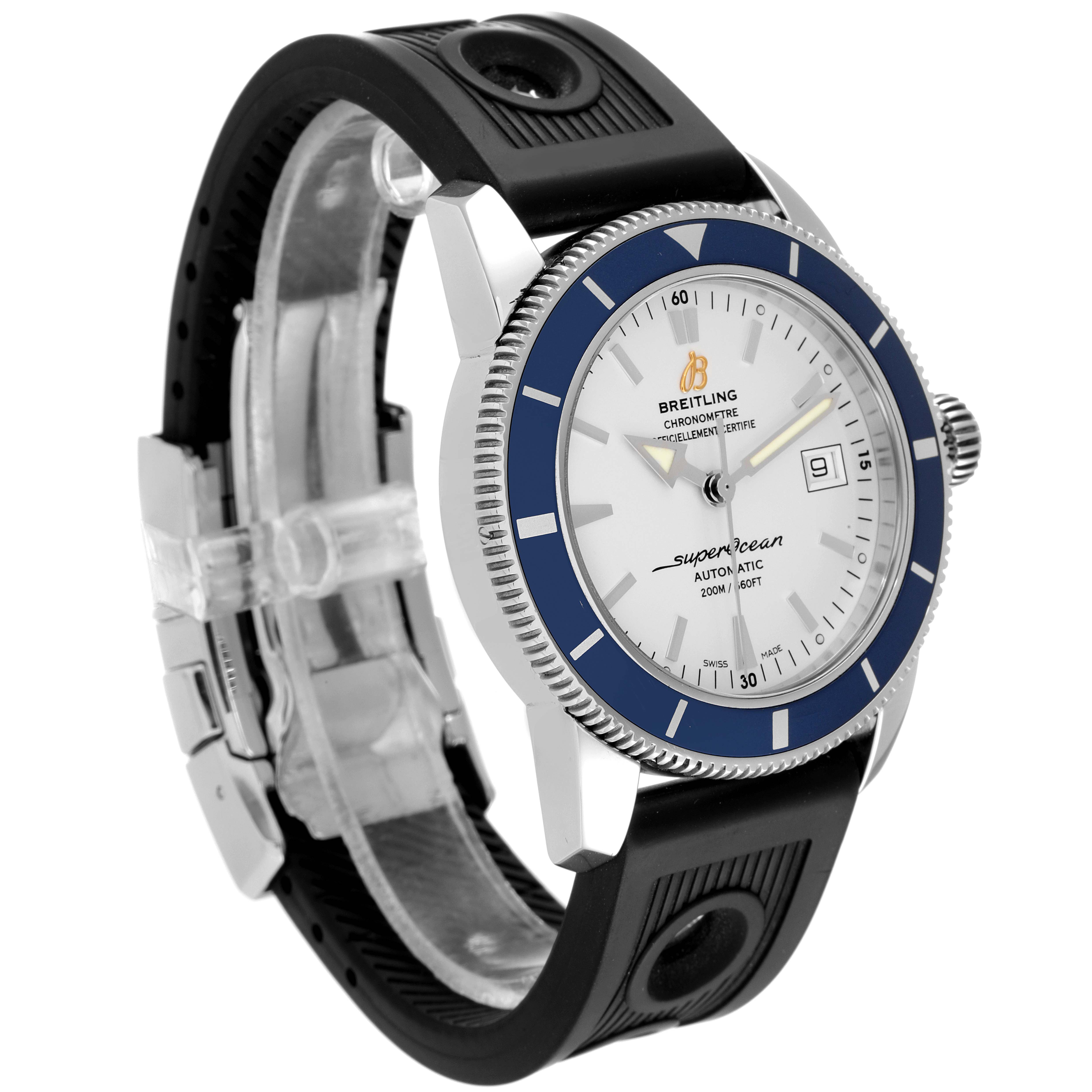 The image shows a side angle view of a Breitling Superocean A17321 Men's Stainless Steel Silver Dial A17321 Men's Stainless Steel Silver Dial watch, highlighting its bezel, face, and rubber strap.