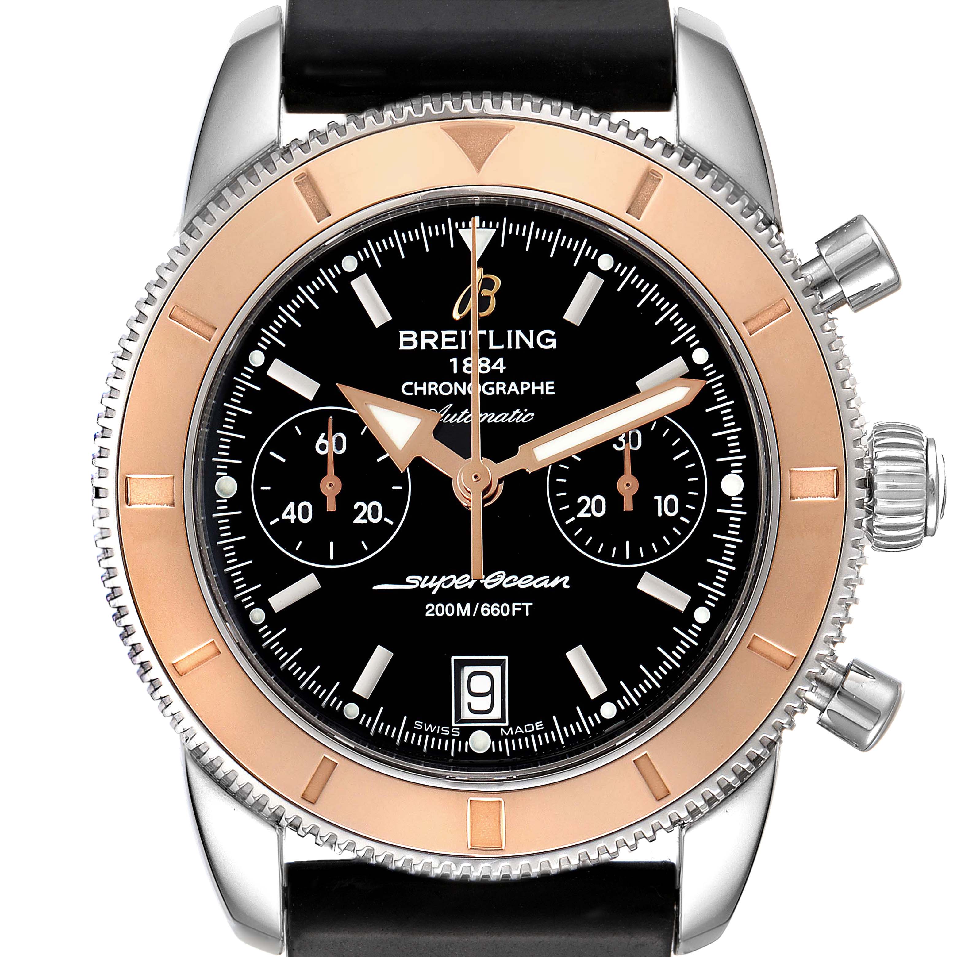 The image shows a front view of a Breitling Superocean U23370 Men
s Steel and Gold (two tone) Black Dial U23370 Men
s Steel and Gold (two tone) Black Dial watch, featuring its bezel, dial, sub-dials, and strap.