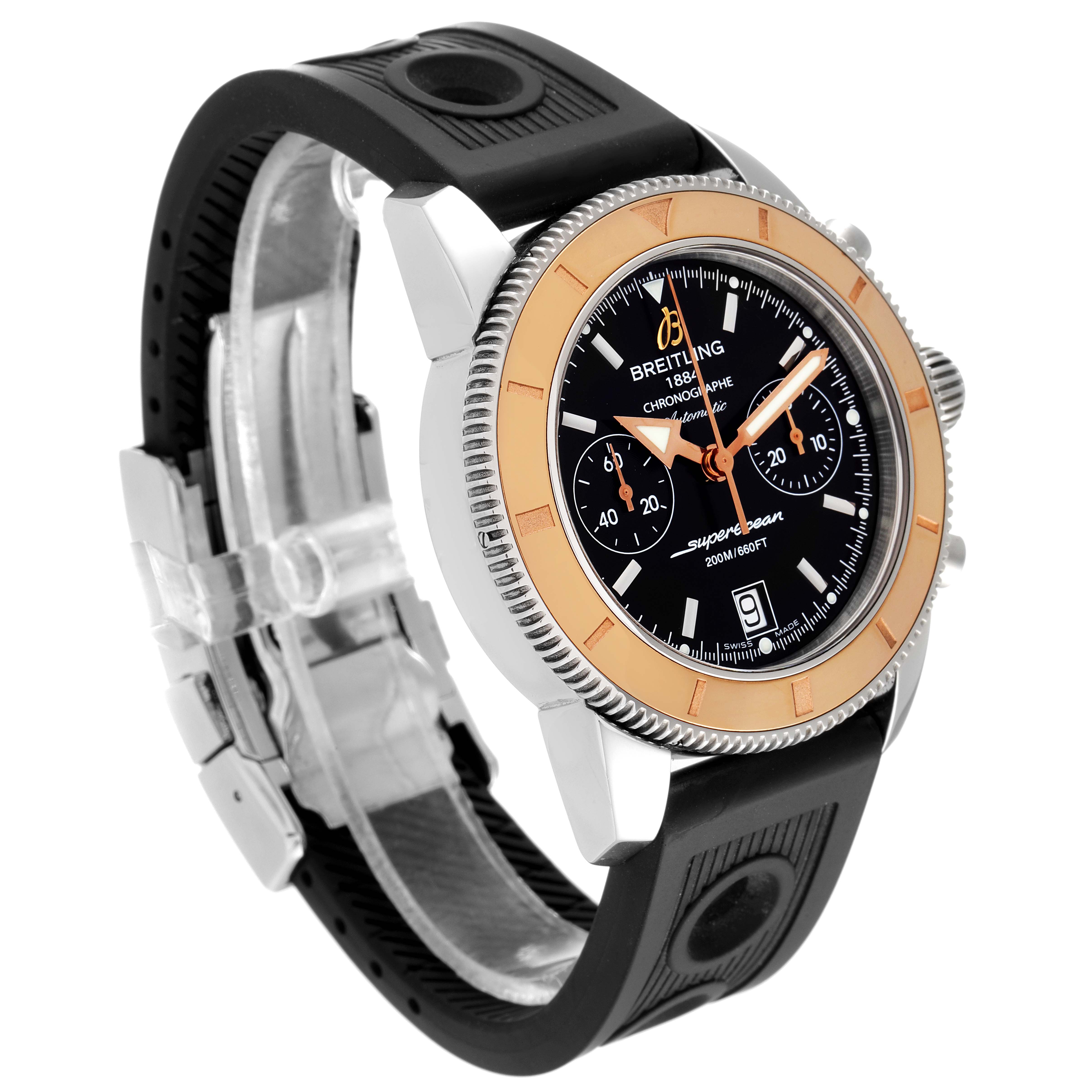 The Breitling Superocean U23370 Men
s Steel and Gold (two tone) Black Dial U23370 Men
s Steel and Gold (two tone) Black Dial model is shown at a slight angle, highlighting its face, bezel, and rubber strap with a metal clasp.