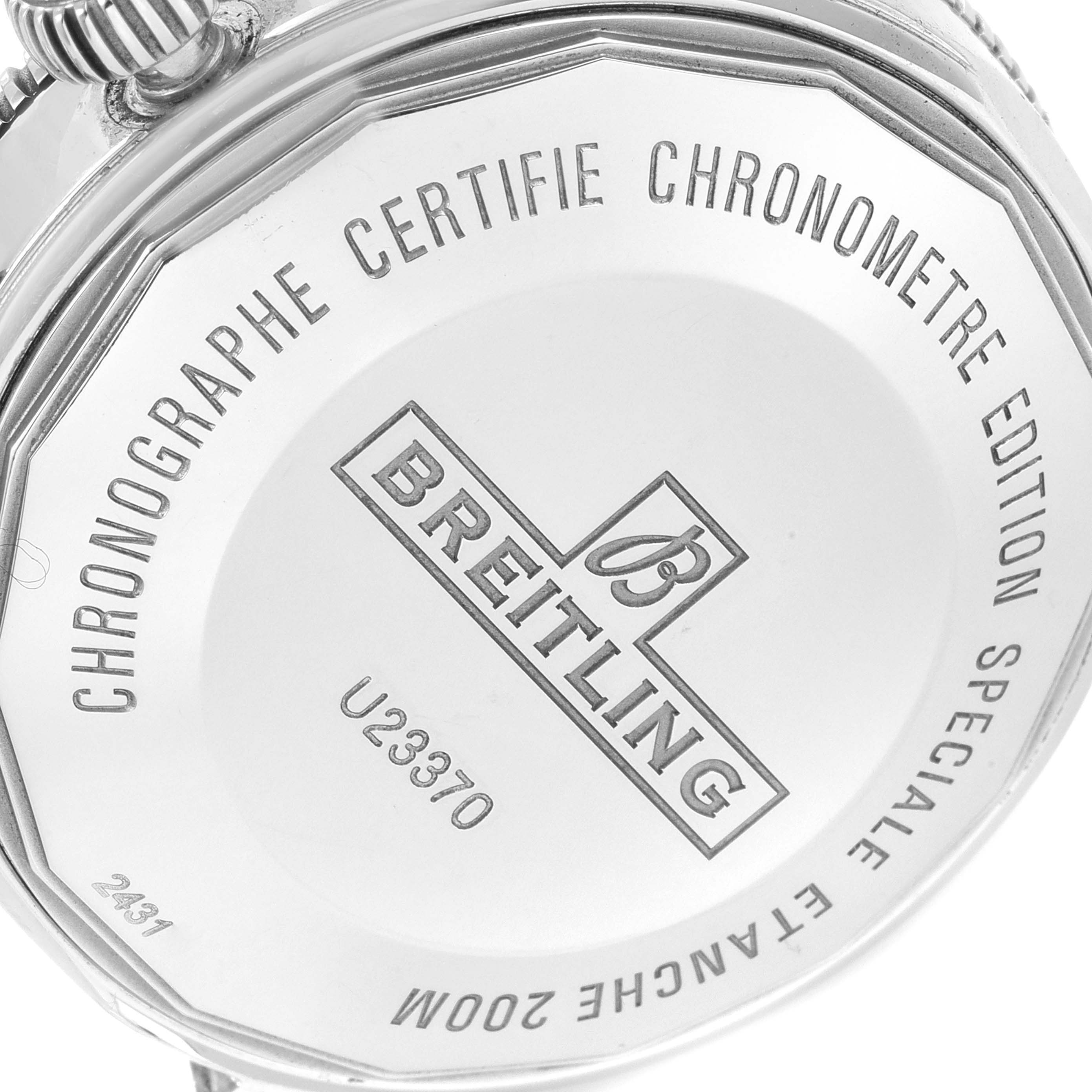 The image shows the back case of a Breitling Superocean U23370 Men
s Steel and Gold (two tone) Black Dial U23370 Men
s Steel and Gold (two tone) Black Dial watch, including the brand name, model details, and specifications.