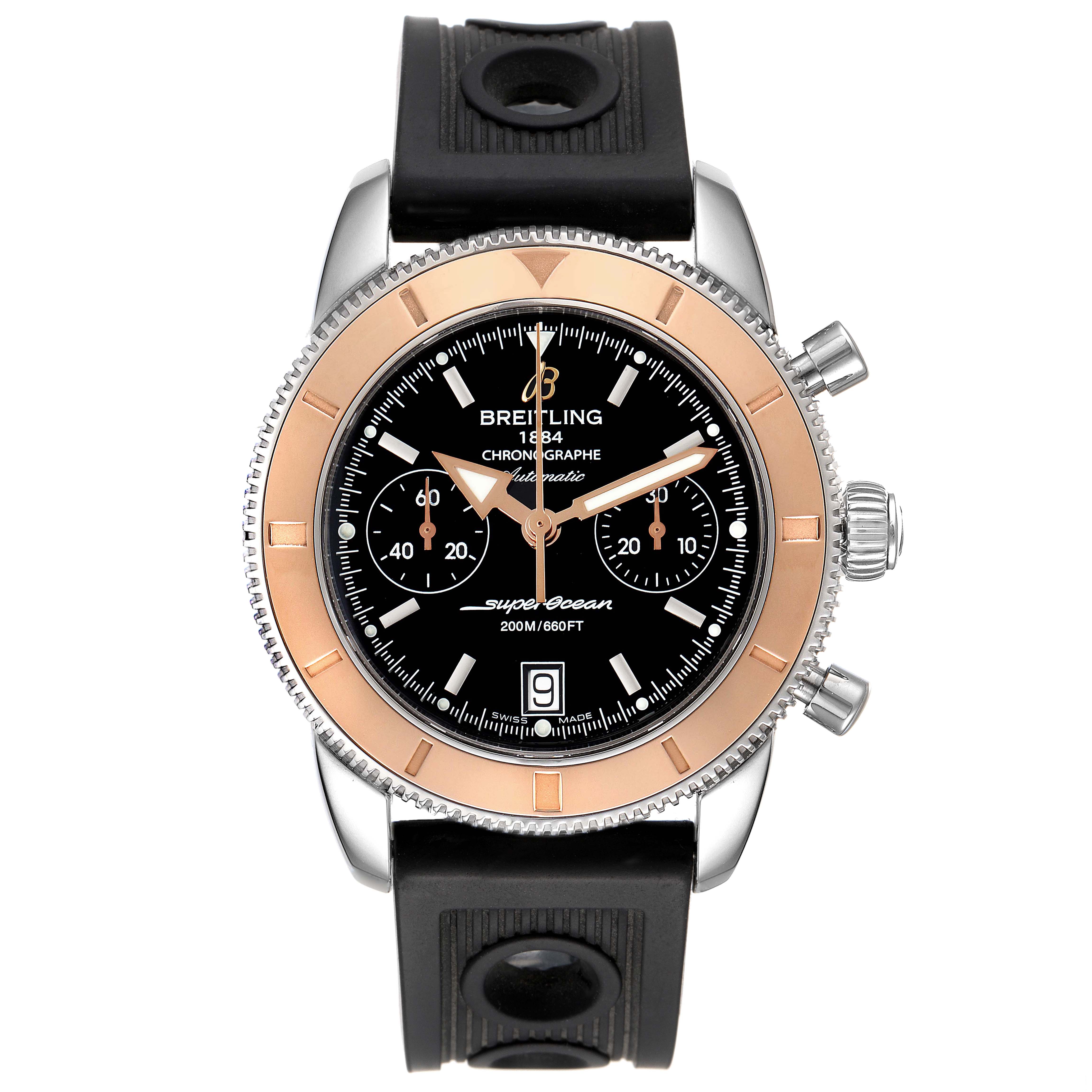 This Breitling Superocean U23370 Men
s Steel and Gold (two tone) Black Dial U23370 Men
s Steel and Gold (two tone) Black Dial watch is shown from a front view, displaying its face, bezel, pushers, and black rubber strap.