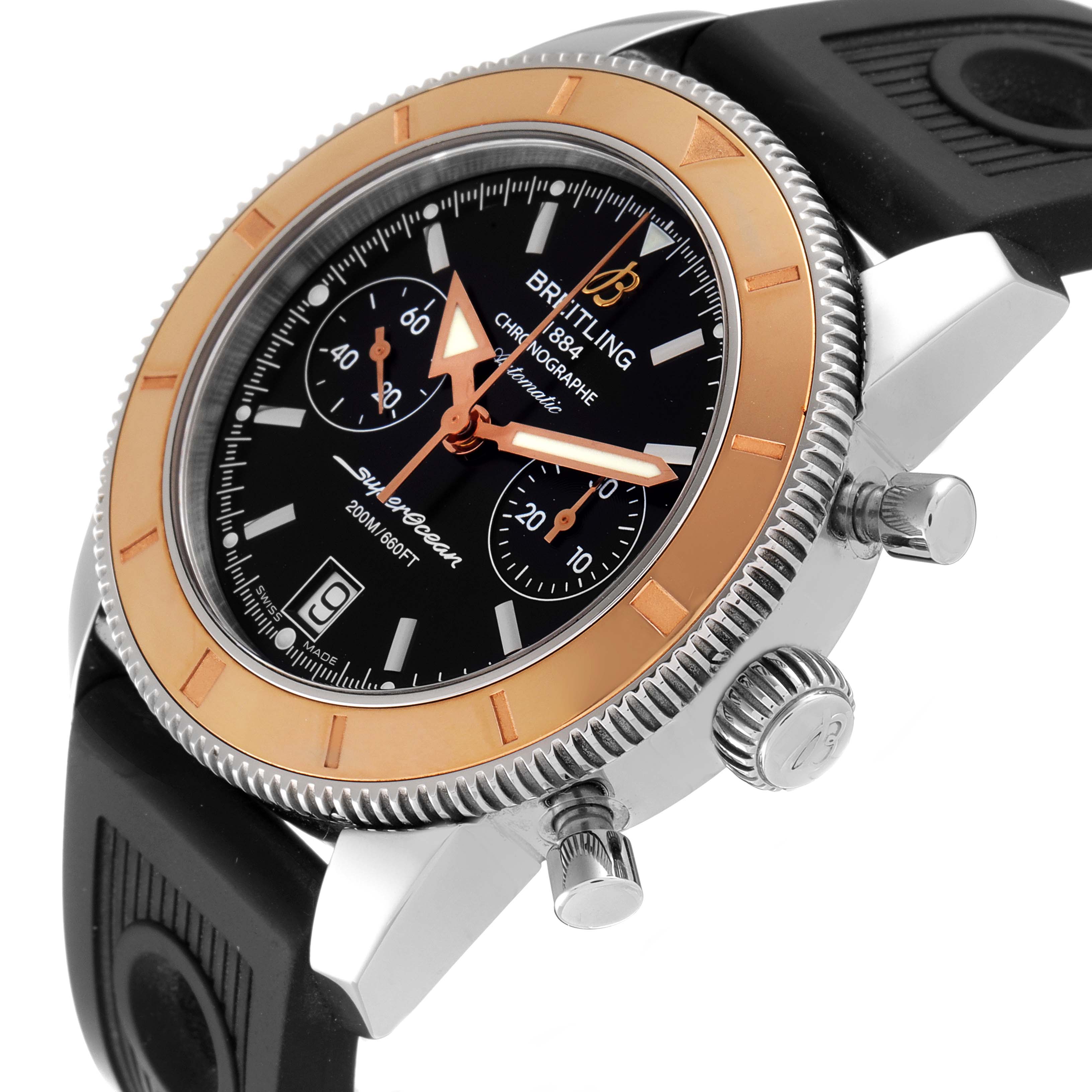 The image shows a side view of the Breitling Superocean U23370 Men
s Steel and Gold (two tone) Black Dial U23370 Men
s Steel and Gold (two tone) Black Dial watch, highlighting the case, bezel, crown, and watch face with a black strap.