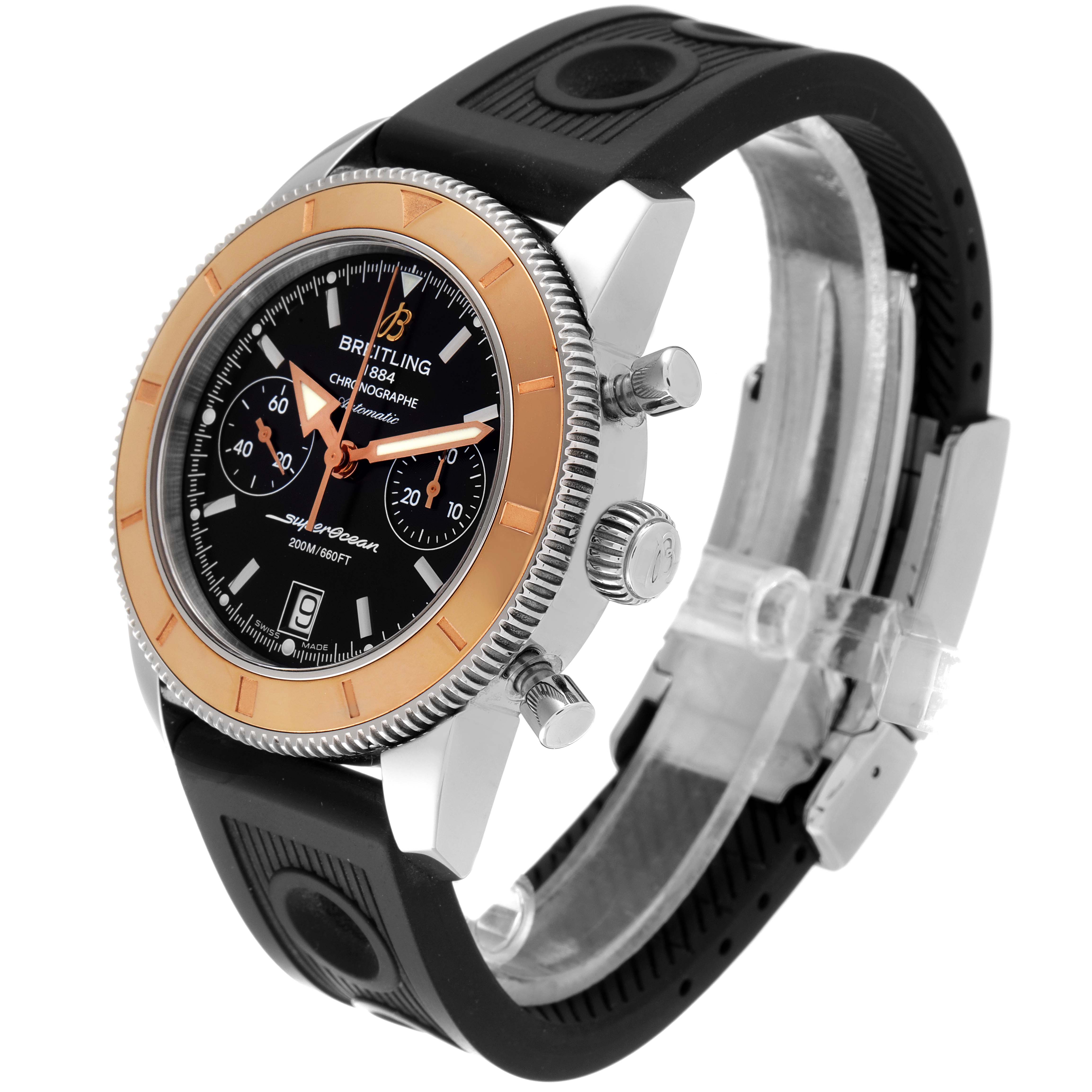 The image shows a Breitling Superocean U23370 Men
s Steel and Gold (two tone) Black Dial U23370 Men
s Steel and Gold (two tone) Black Dial watch at a three-quarter angle, highlighting its face, bezel, pushers, and strap.