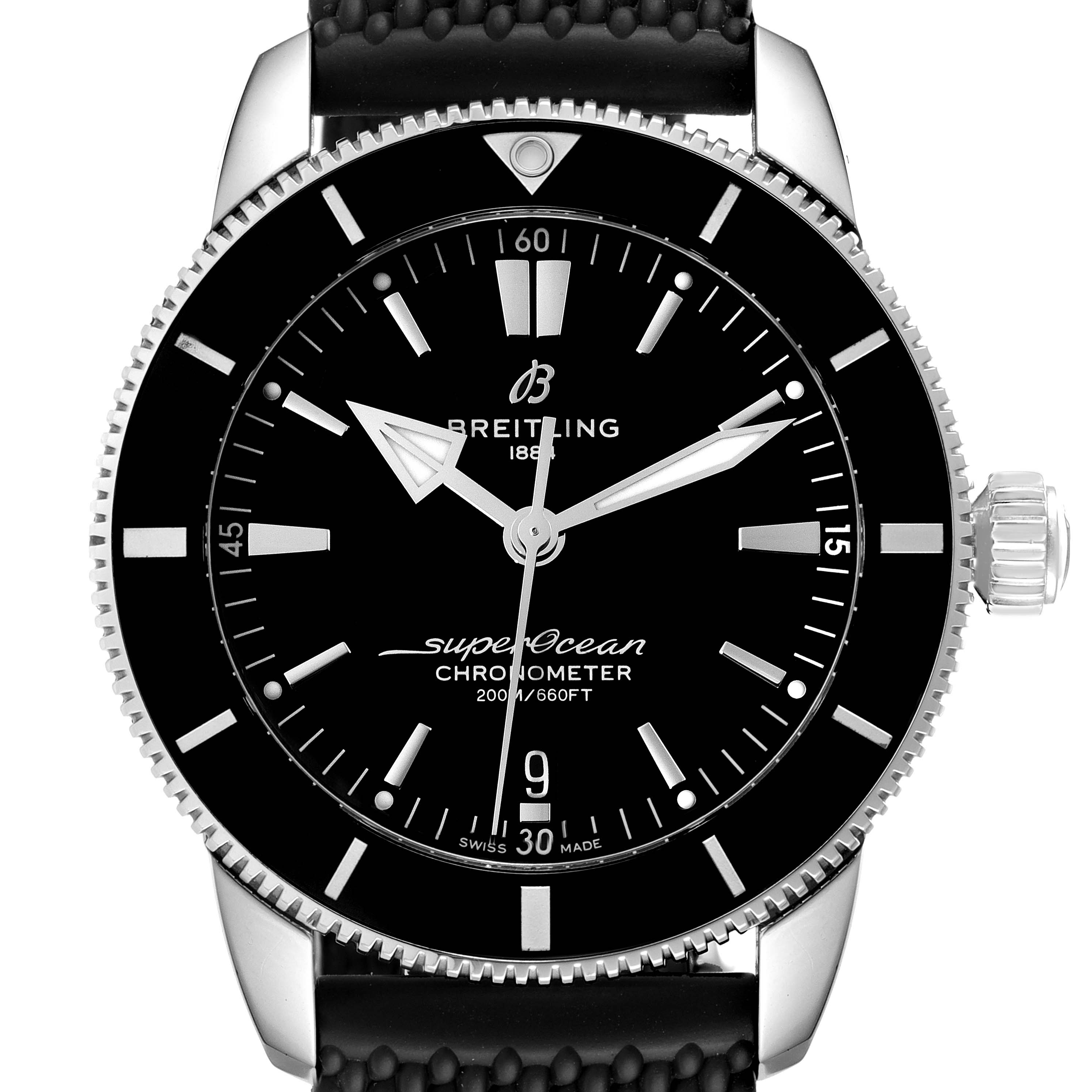 This image shows a front view of the Breitling Superocean AB2030 Men's Stainless Steel Black Dial AB2030 Men's Stainless Steel Black Dial watch, highlighting the dial, hands, bezel, and part of the strap.