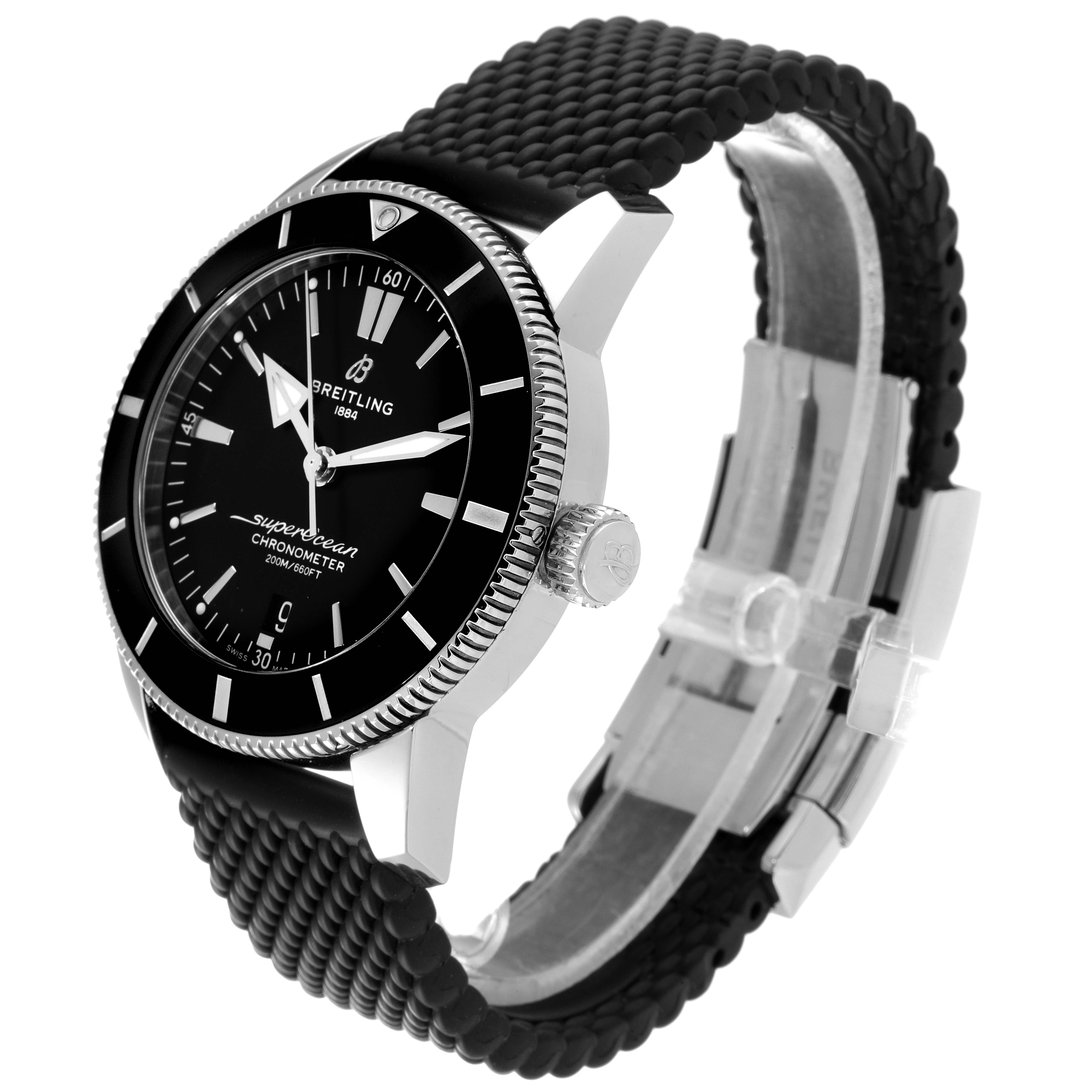 The image shows a side angle of a Breitling Superocean AB2030 Men's Stainless Steel Black Dial AB2030 Men's Stainless Steel Black Dial watch, featuring the face, bezel, crown, and part of the strap and clasp.